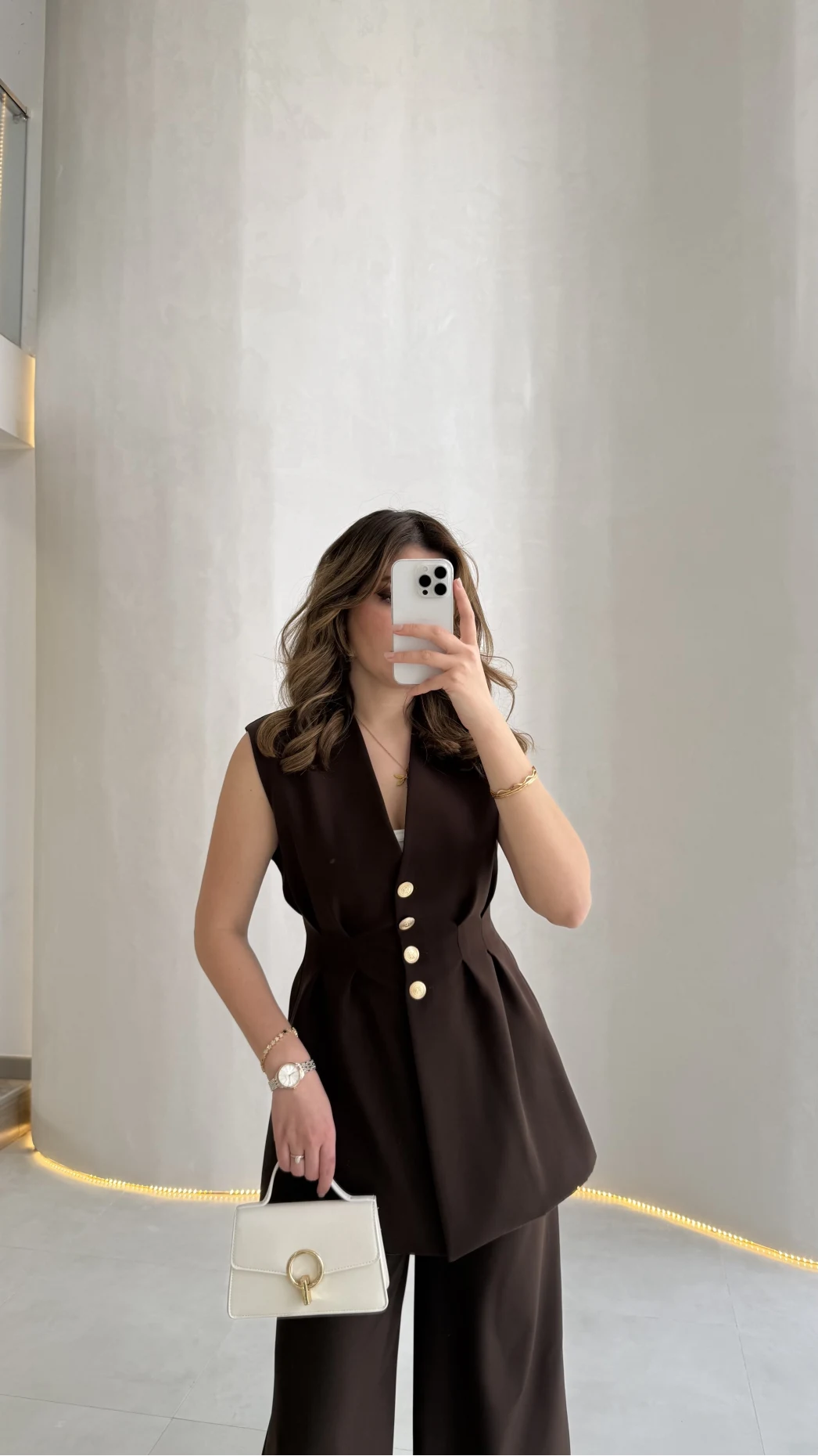 Alira Gold Düğmeli Bel Pile Detaylı Yelek Takım - Acı Kahve - Kod: 8011