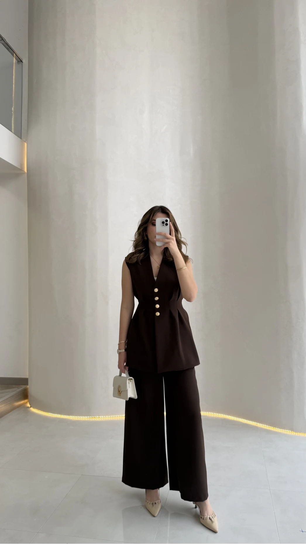 Alira Gold Düğmeli Bel Pile Detaylı Yelek Takım - Acı Kahve - Kod: 8011