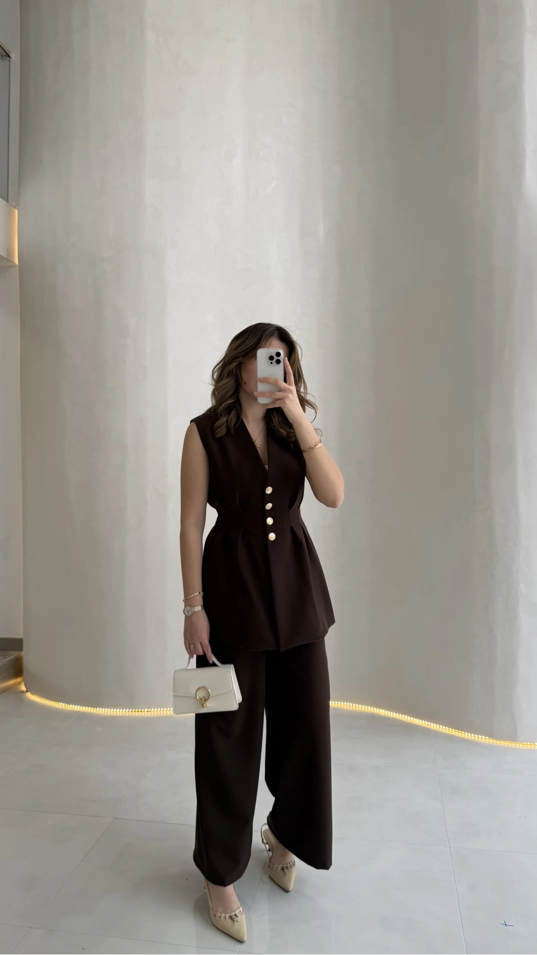 Alira Gold Düğmeli Bel Pile Detaylı Yelek Takım - Acı Kahve - Kod: 8011