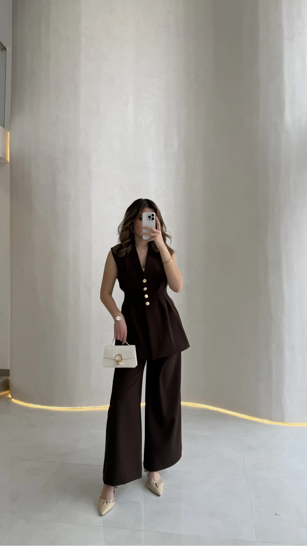 Alira Gold Düğmeli Bel Pile Detaylı Yelek Takım - Acı Kahve - Kod: 8011