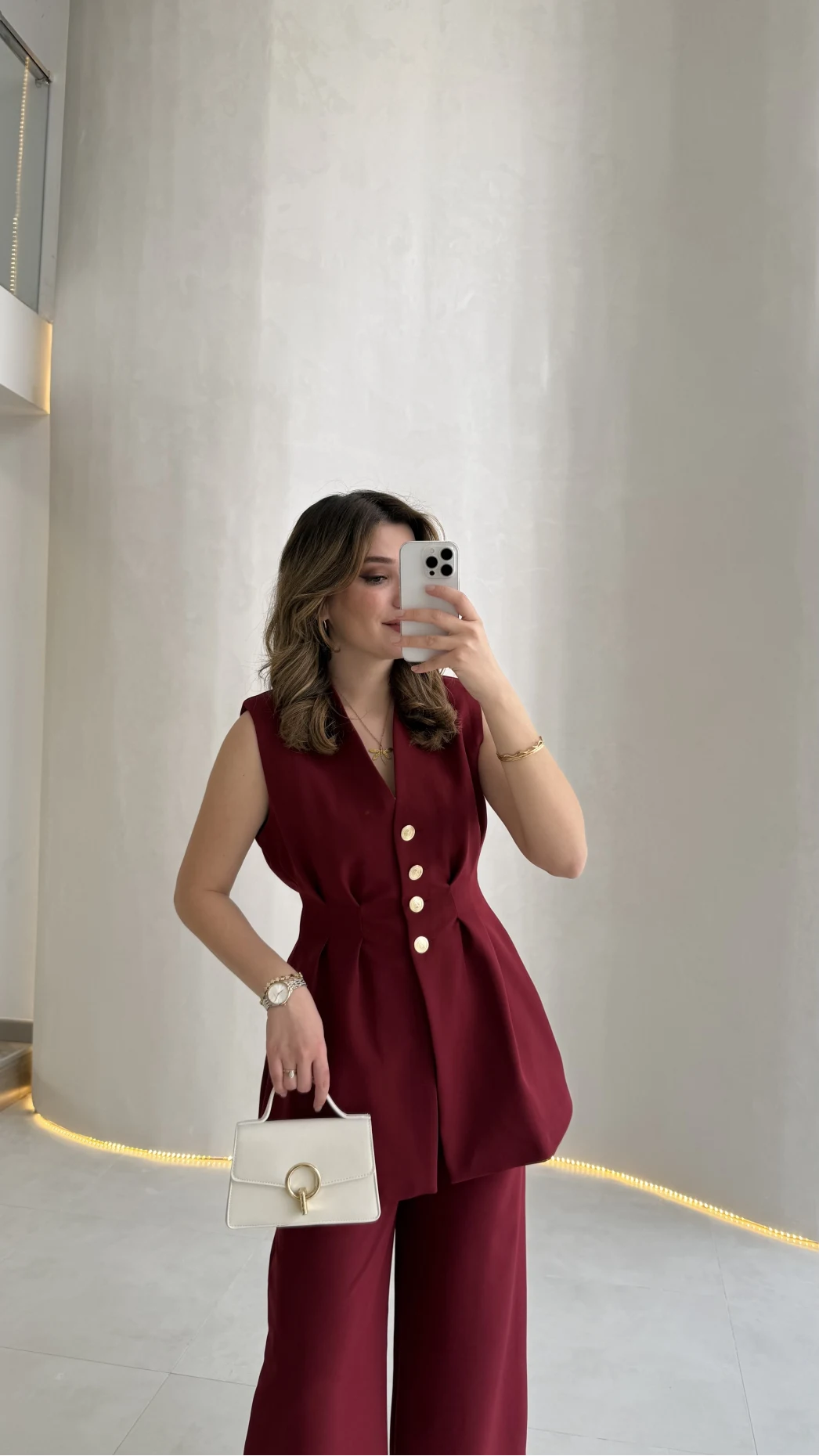 Alira Gold Düğmeli Bel Pile Detaylı Yelek Takım - Bordo - Kod: 8011