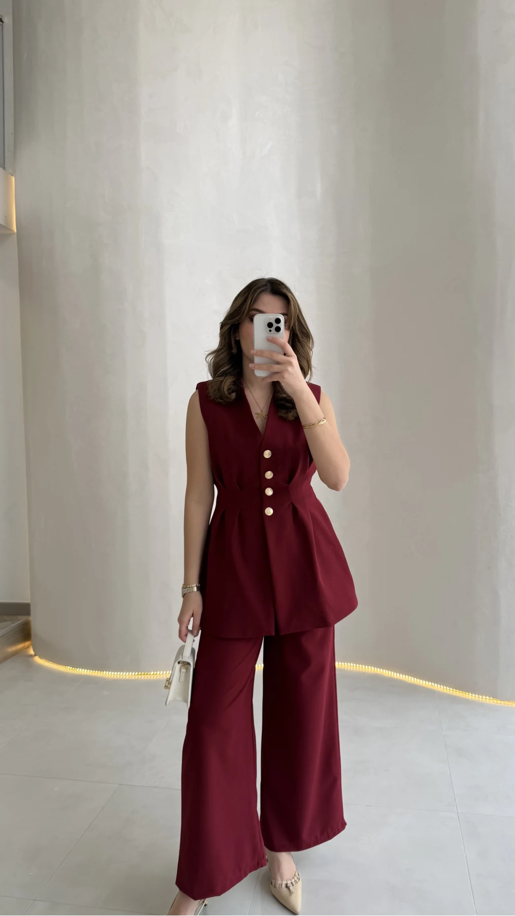 Alira Gold Düğmeli Bel Pile Detaylı Yelek Takım - Bordo - Kod: 8011