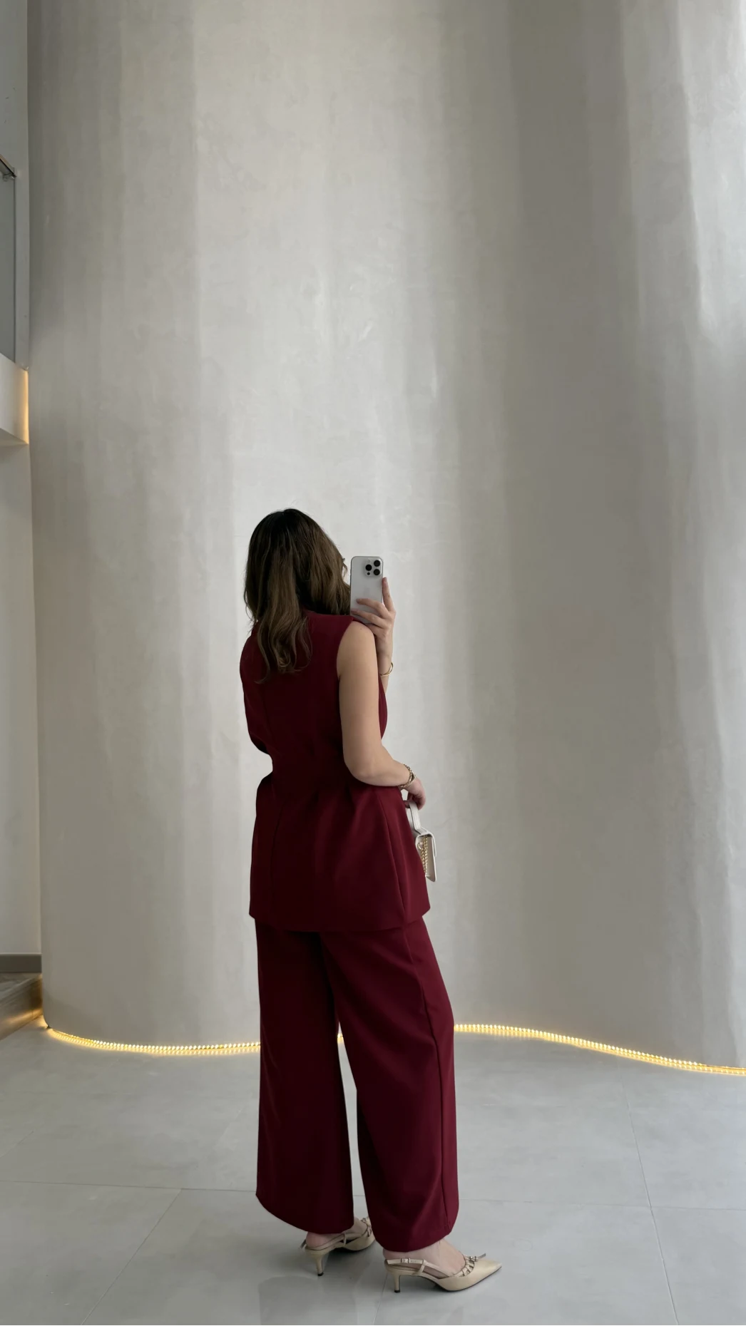 Alira Gold Düğmeli Bel Pile Detaylı Yelek Takım - Bordo - Kod: 8011