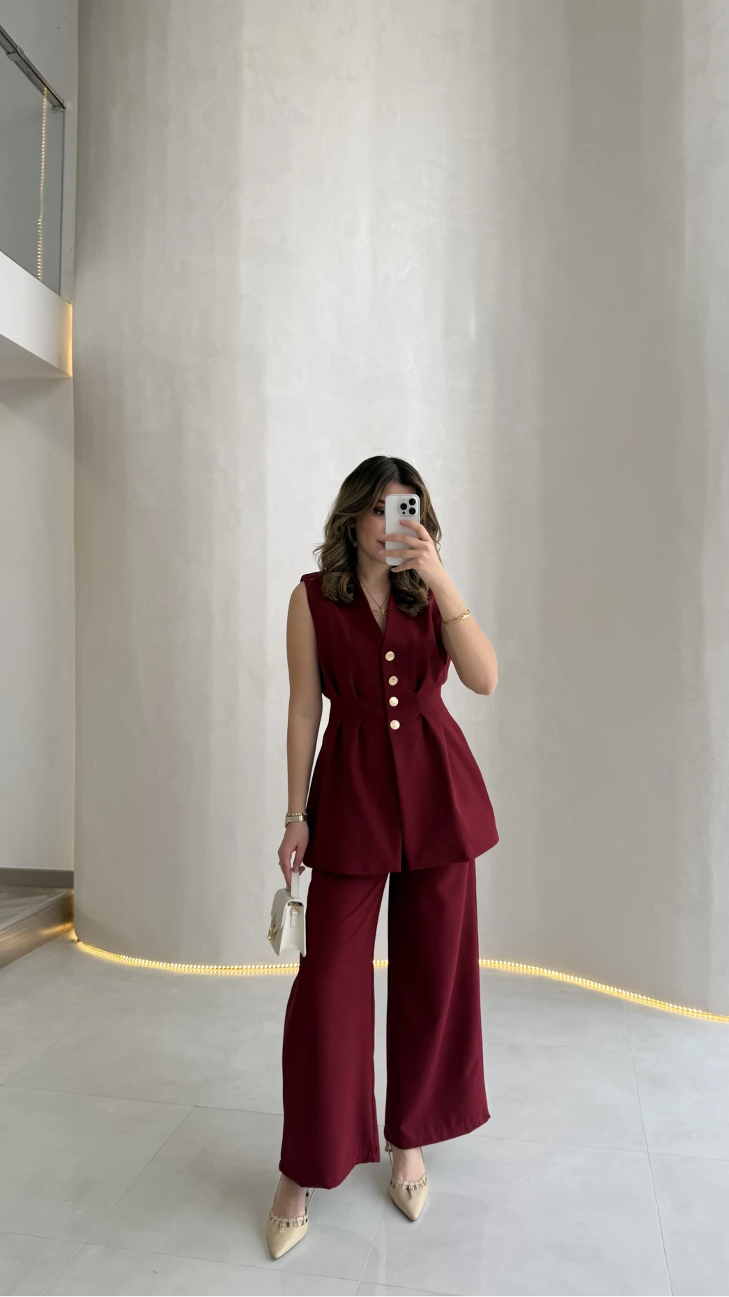 Alira Gold Düğmeli Bel Pile Detaylı Yelek Takım - Bordo - Kod: 8011