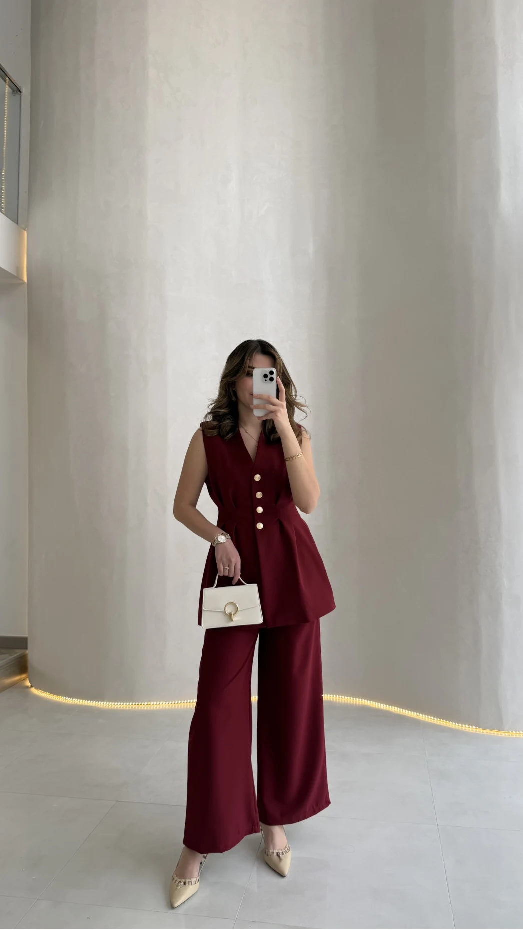 Alira Gold Düğmeli Bel Pile Detaylı Yelek Takım - Bordo - Kod: 8011