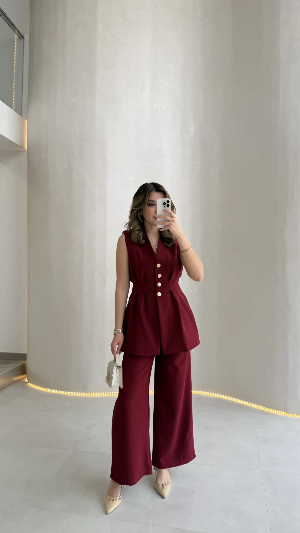 Alira Gold Düğmeli Bel Pile Detaylı Yelek Takım - Bordo - Kod: 8011