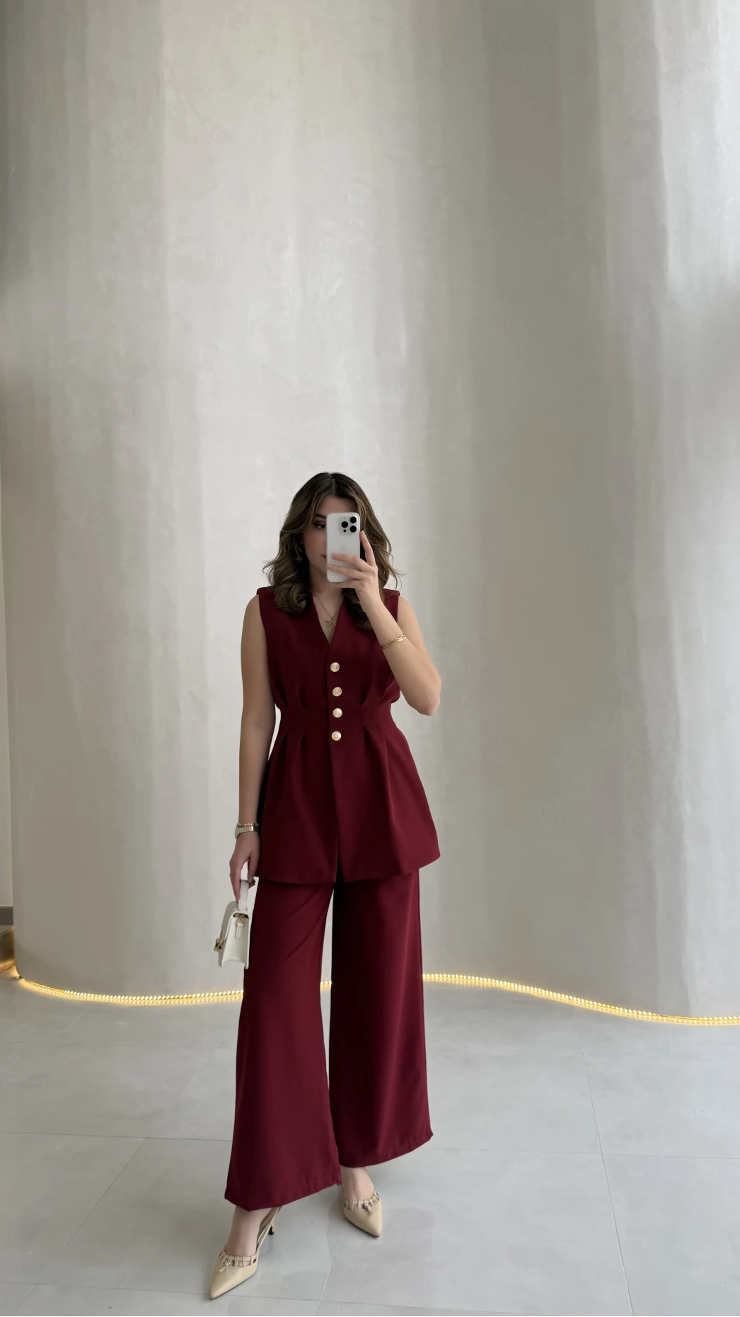 Alira Gold Düğmeli Bel Pile Detaylı Yelek Takım - Bordo - Kod: 8011