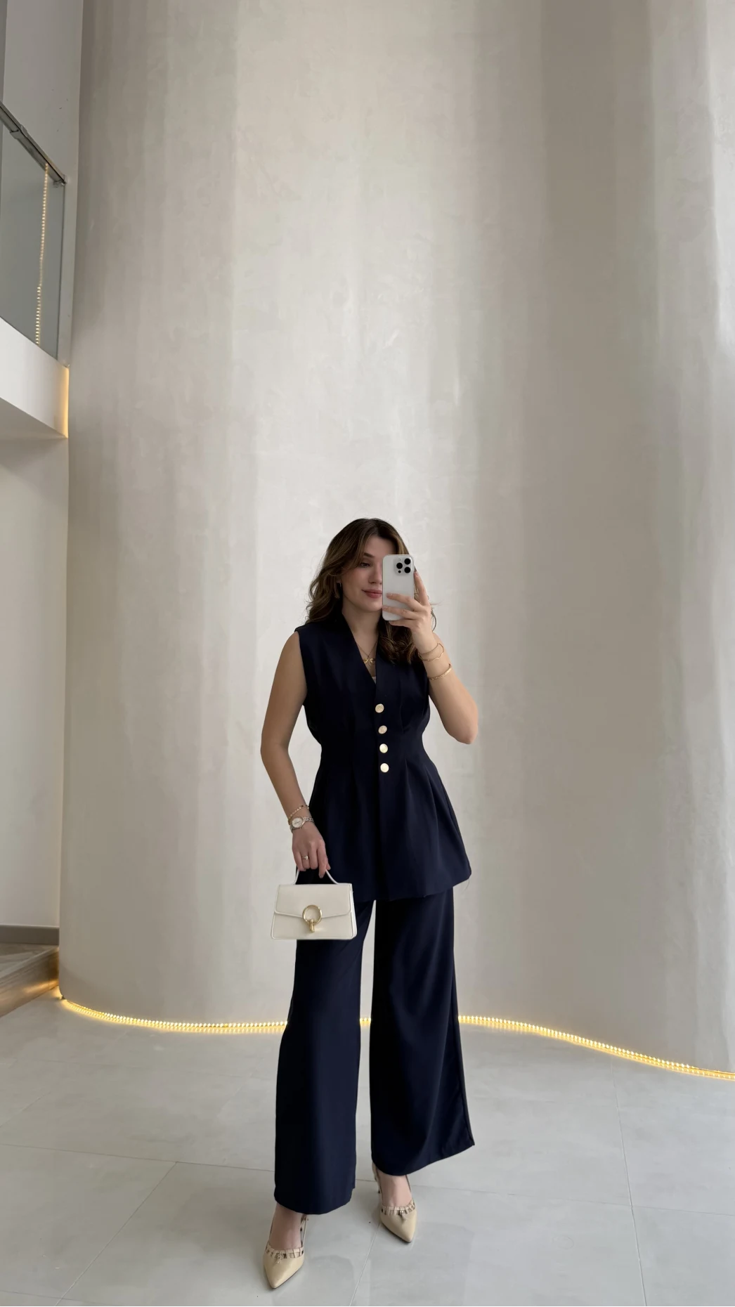 Alira Gold Düğmeli Bel Pile Detaylı Yelek Takım - Lacivert - Kod: 8011