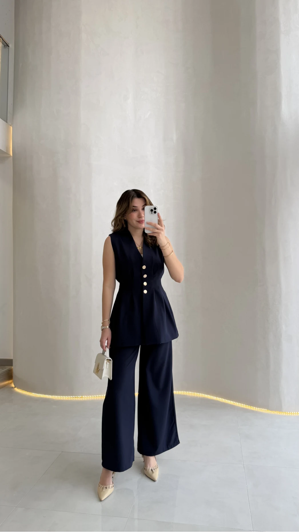 Alira Gold Düğmeli Bel Pile Detaylı Yelek Takım - Lacivert - Kod: 8011