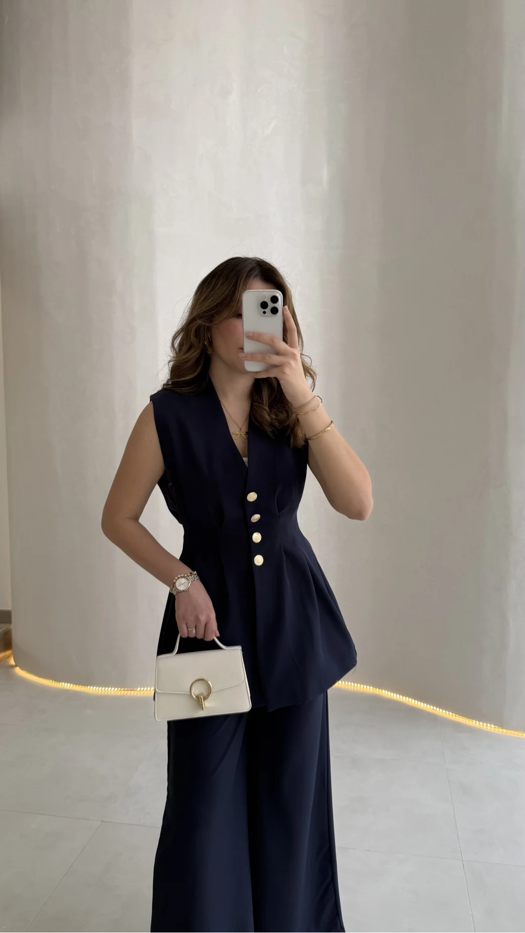 Alira Gold Düğmeli Bel Pile Detaylı Yelek Takım - Lacivert - Kod: 8011