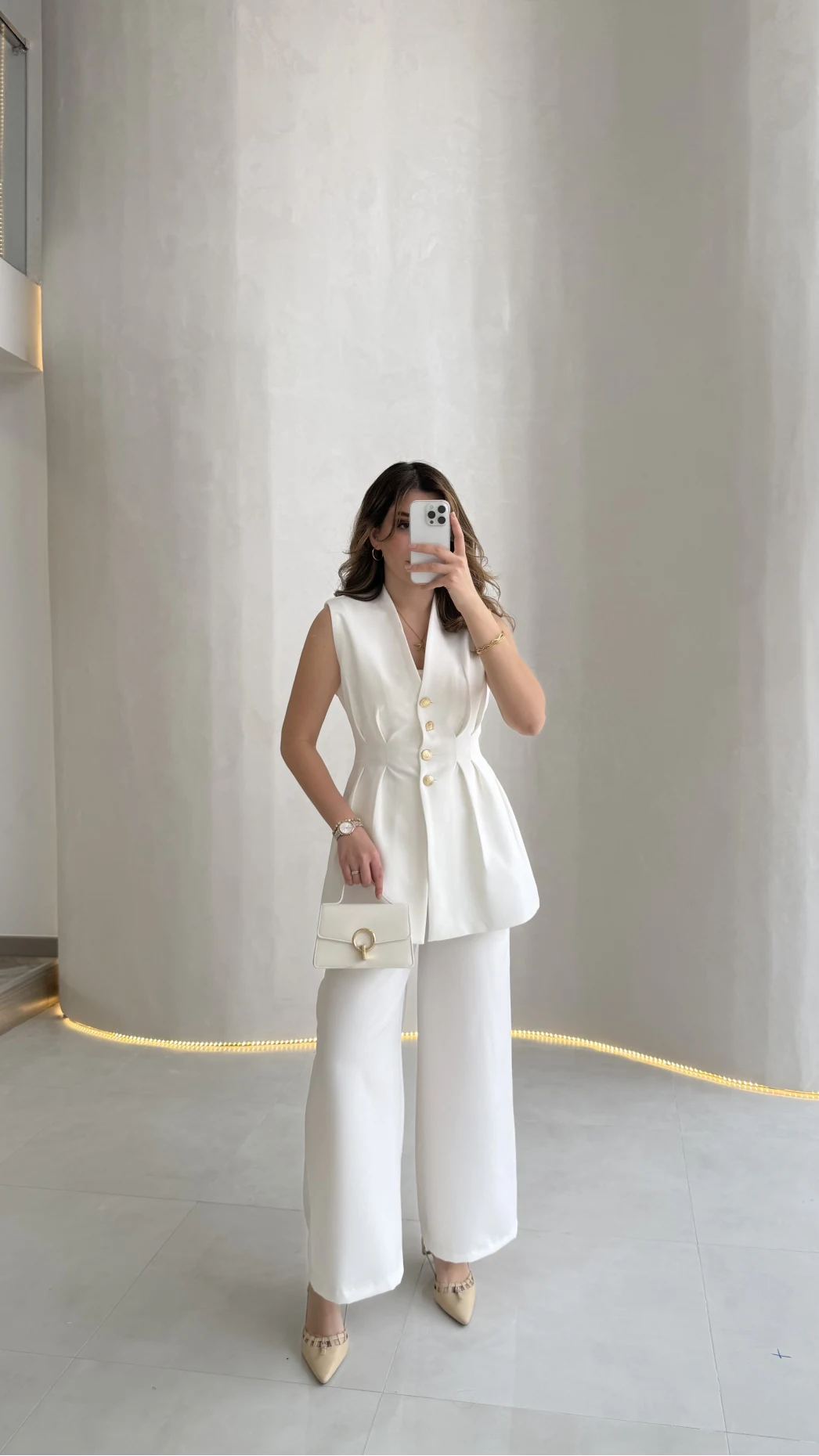 Alira Gold Düğmeli Bel Pile Detaylı Yelek Takım - Ekru - Kod: 8011