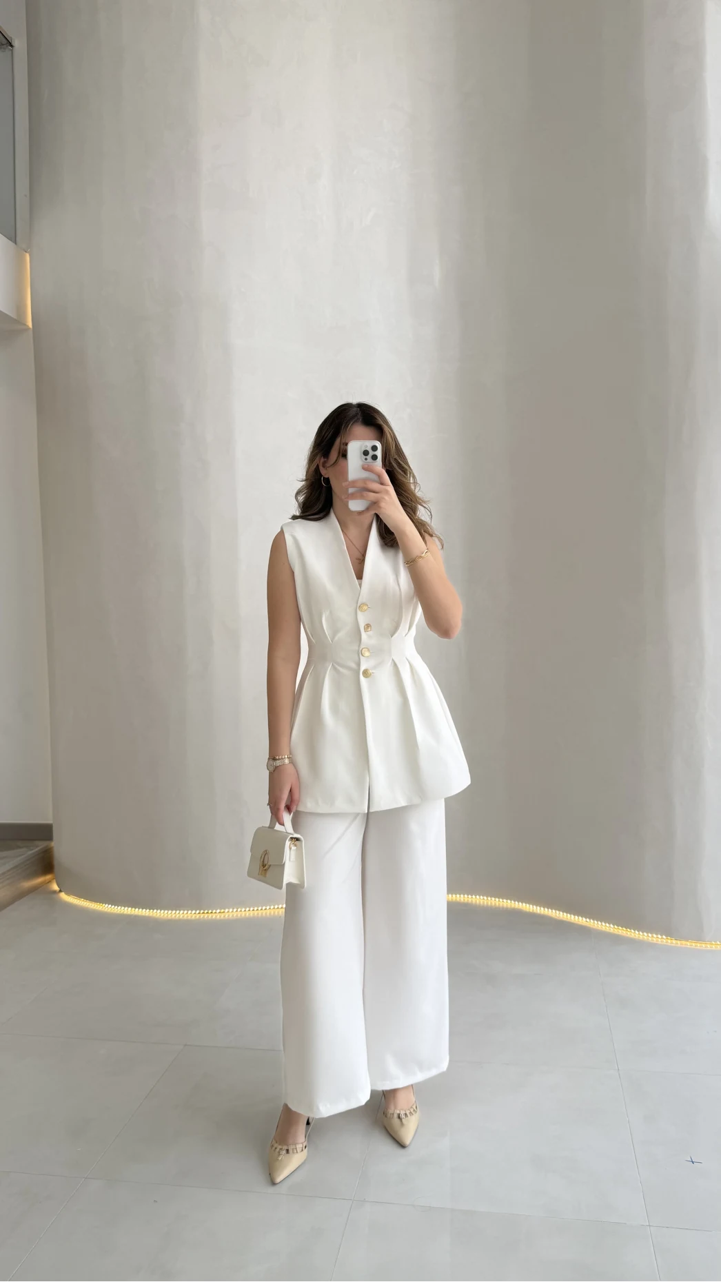 Alira Gold Düğmeli Bel Pile Detaylı Yelek Takım - Ekru - Kod: 8011