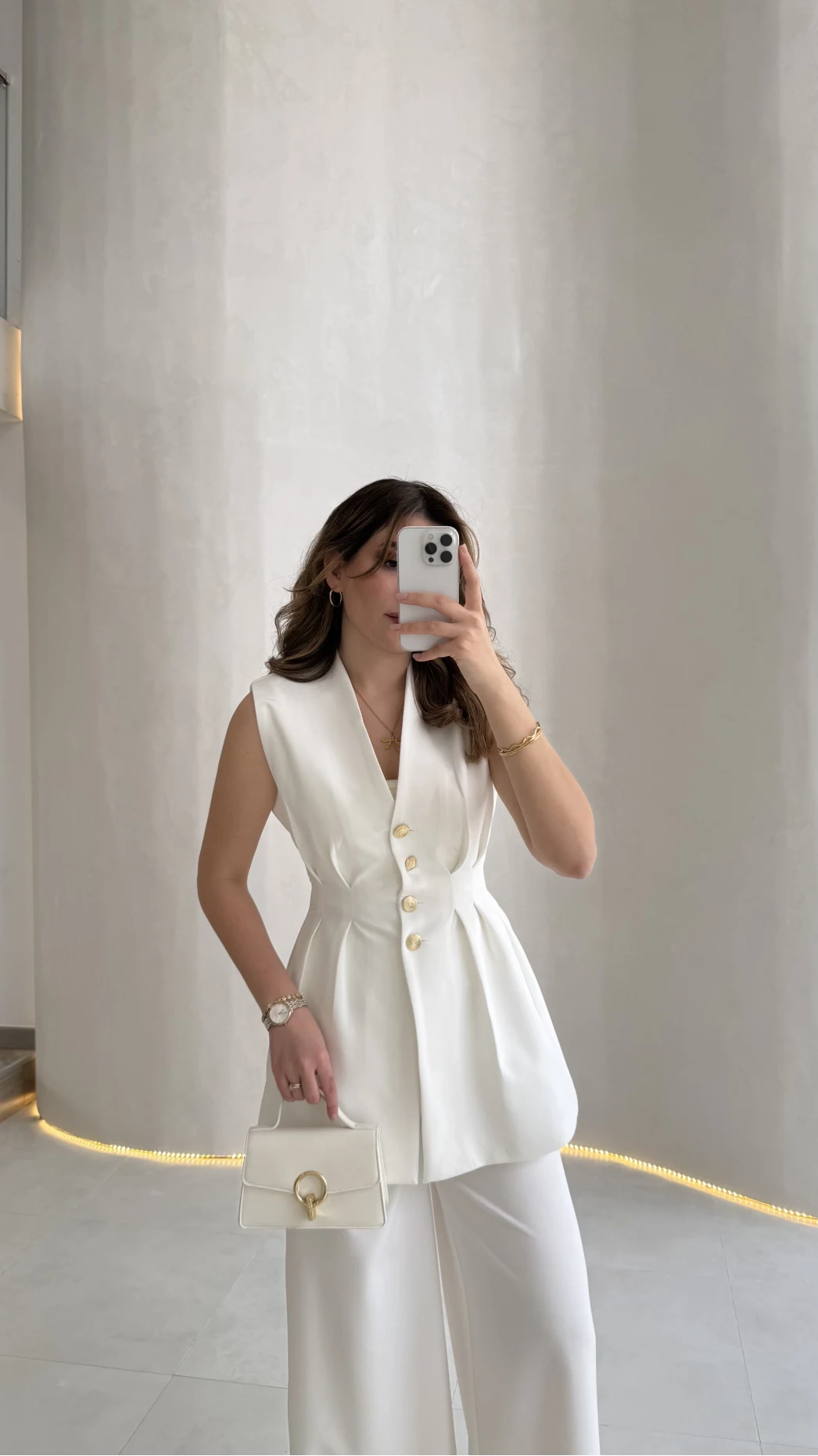 Alira Gold Düğmeli Bel Pile Detaylı Yelek Takım - Ekru - Kod: 8011