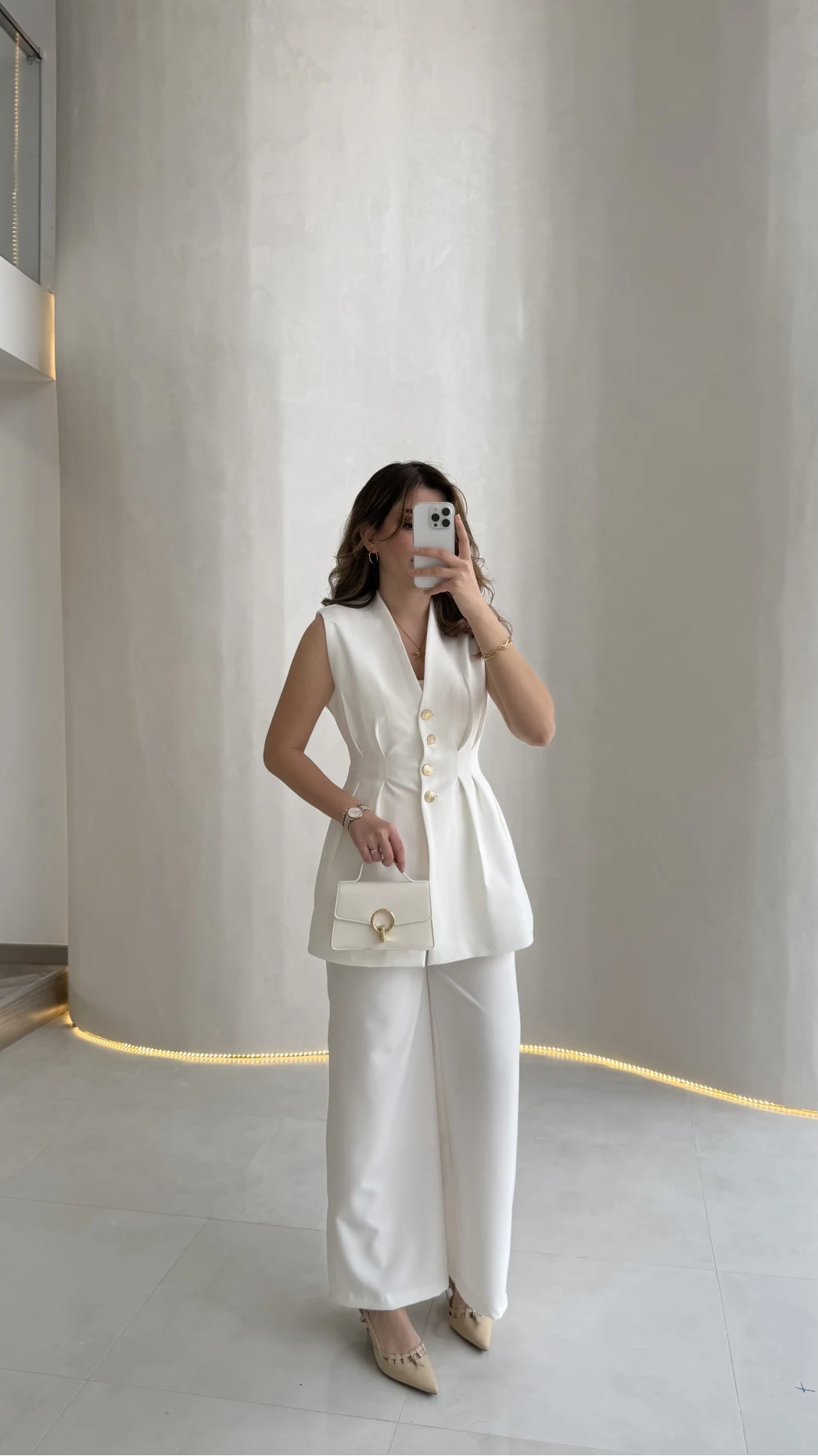 Alira Gold Düğmeli Bel Pile Detaylı Yelek Takım - Ekru - Kod: 8011