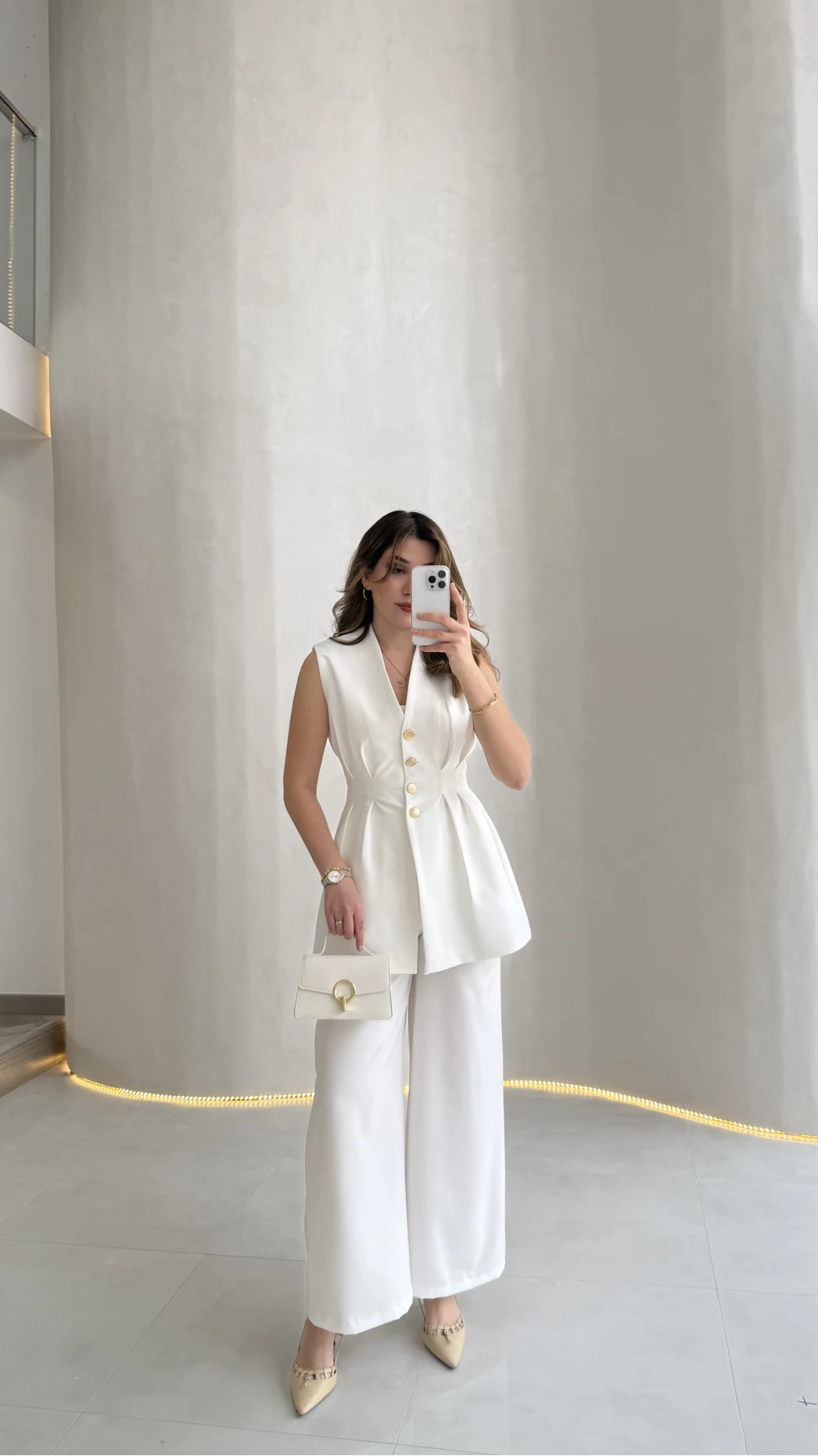 Alira Gold Düğmeli Bel Pile Detaylı Yelek Takım - Ekru - Kod: 8011