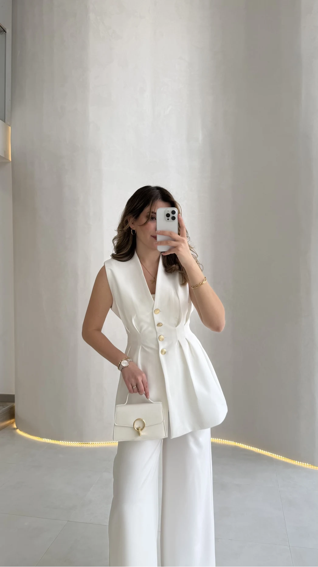 Alira Gold Düğmeli Bel Pile Detaylı Yelek Takım - Ekru - Kod: 8011