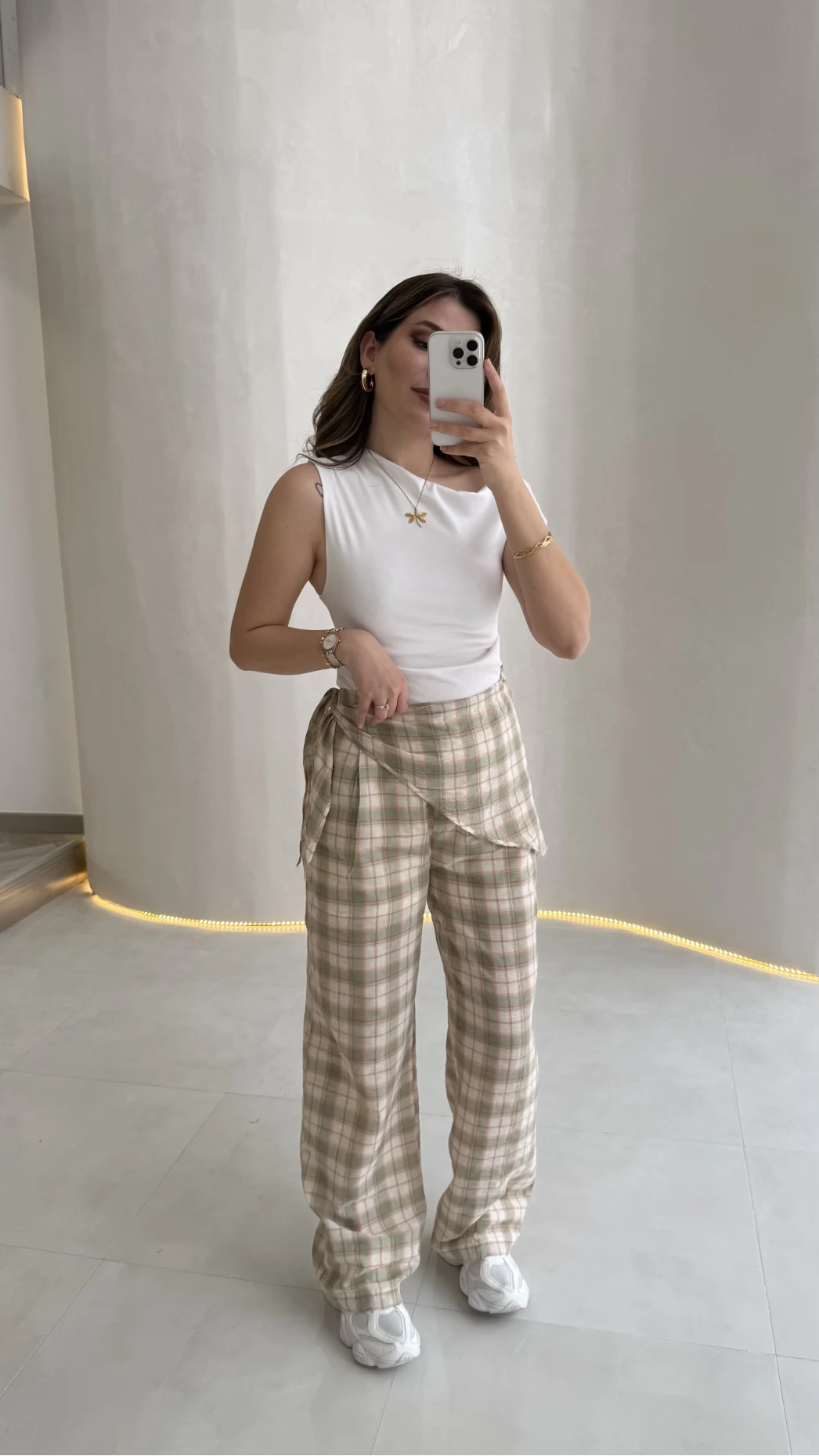 Cıelle Ekose Desenli Fular Bağlamalı Pantolon - Haki - Kod: 3921