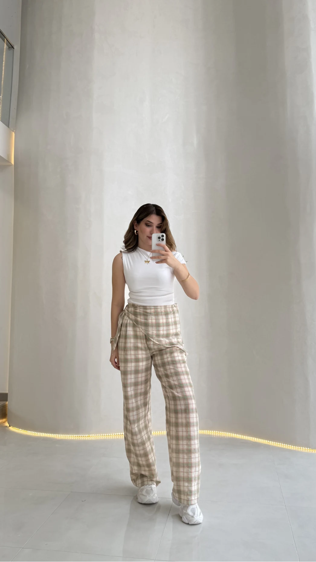 Cıelle Ekose Desenli Fular Bağlamalı Pantolon - Haki - Kod: 3921