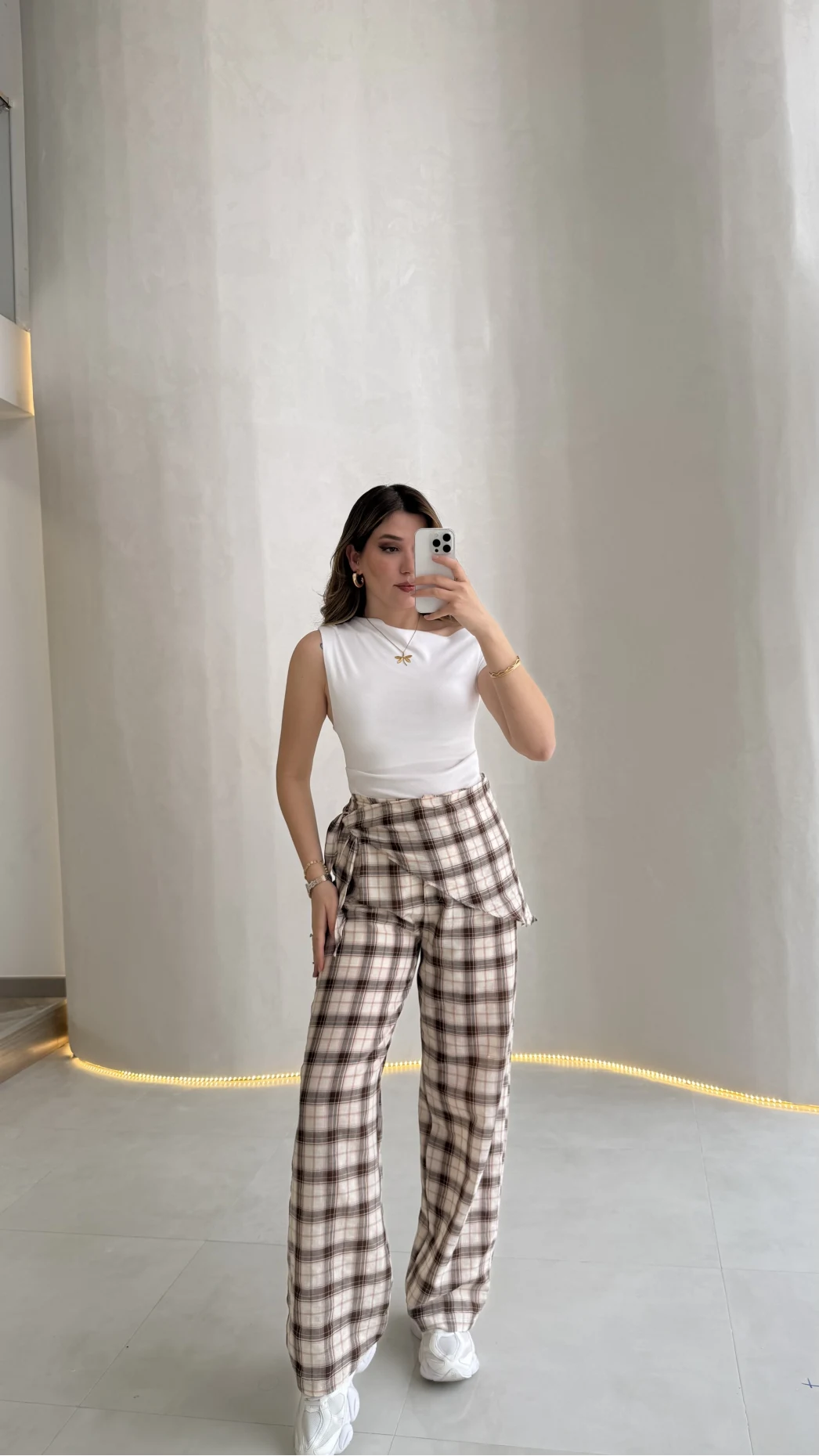 Cıelle Ekose Desenli Fular Bağlamalı Pantolon - Kahve - Kod: 3921