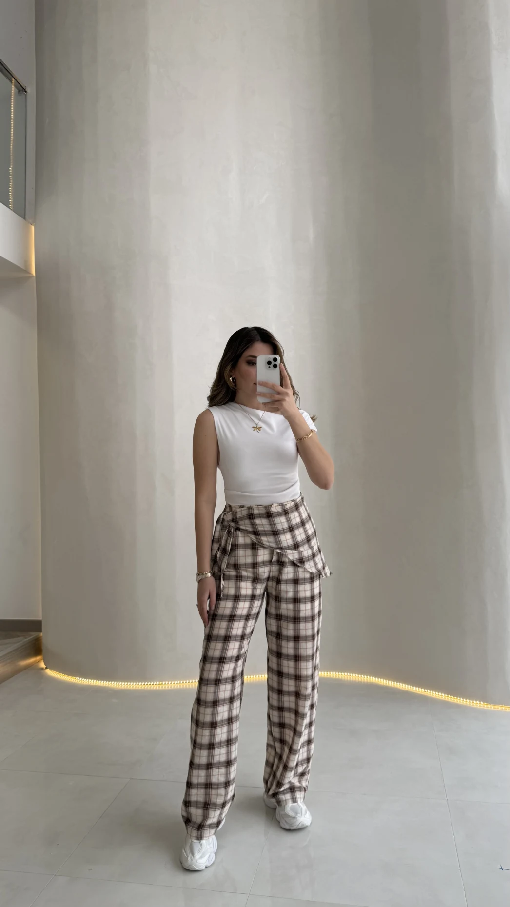 Cıelle Ekose Desenli Fular Bağlamalı Pantolon - Kahve - Kod: 3921