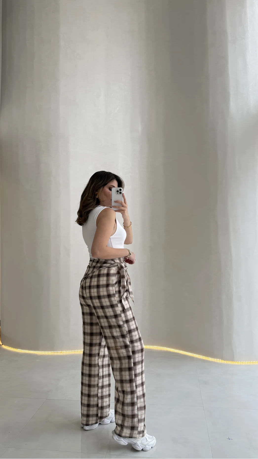 Cıelle Ekose Desenli Fular Bağlamalı Pantolon - Kahve - Kod: 3921