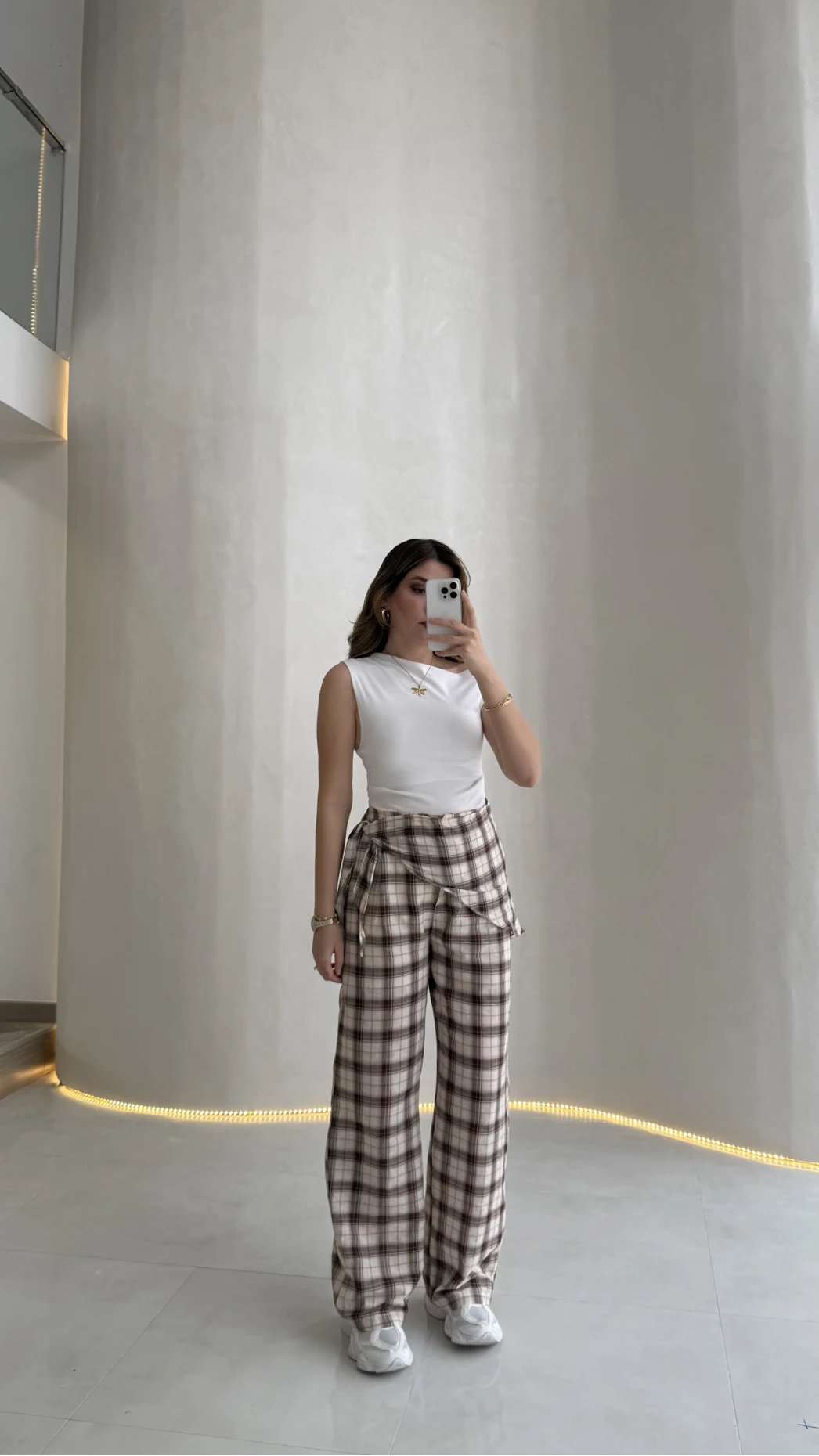 Cıelle Ekose Desenli Fular Bağlamalı Pantolon - Kahve - Kod: 3921