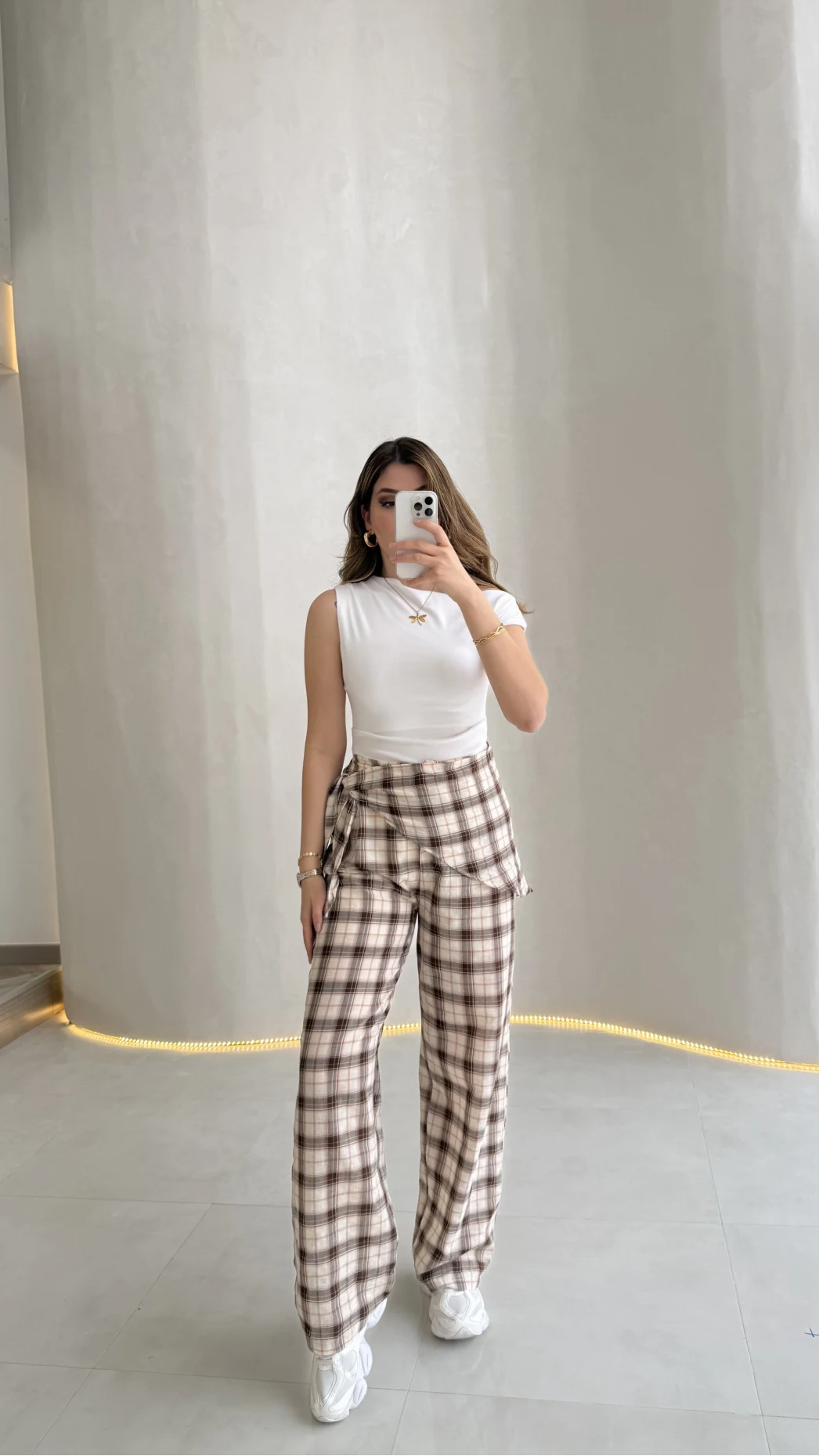 Cıelle Ekose Desenli Fular Bağlamalı Pantolon - Kahve - Kod: 3921