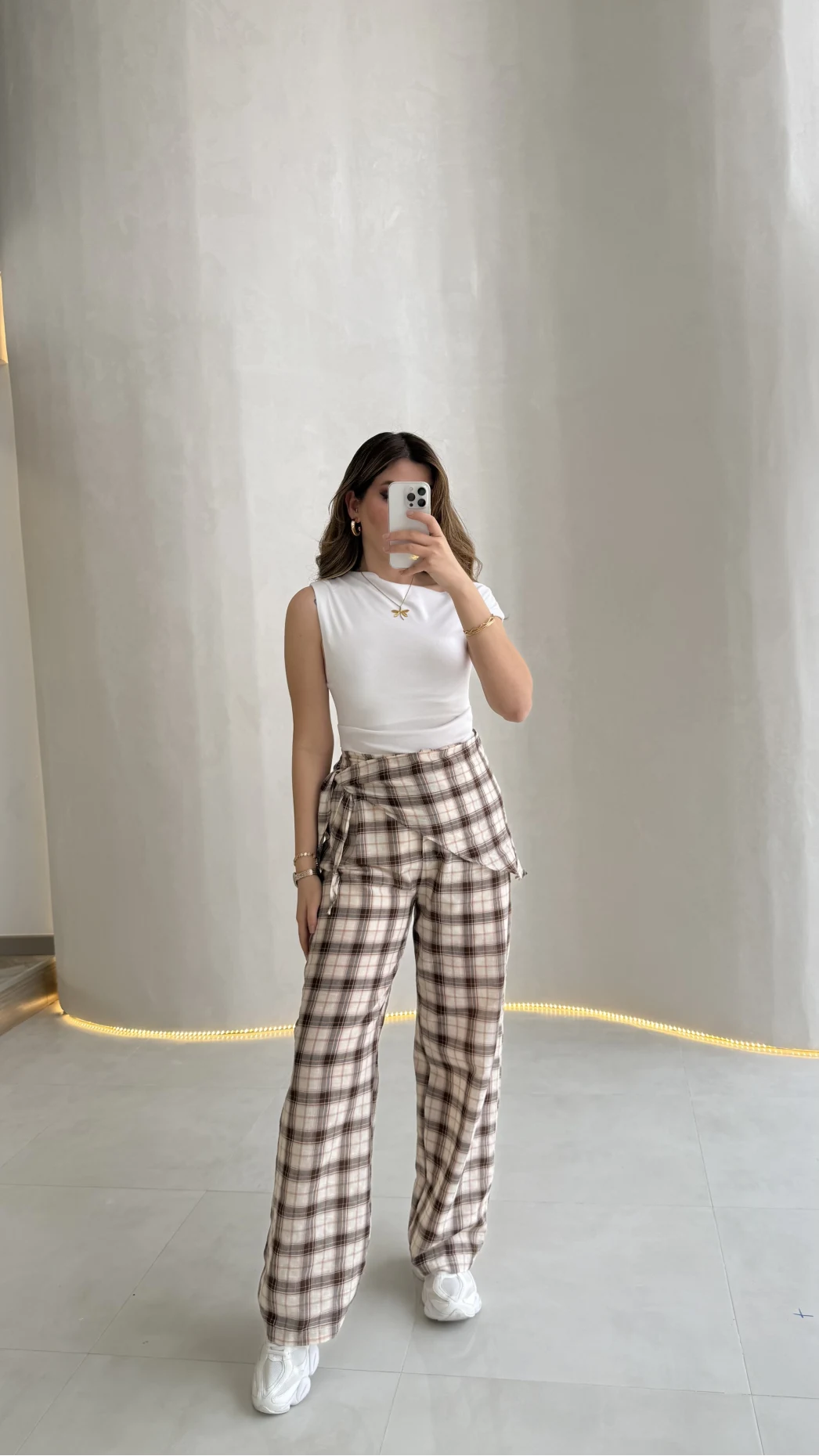 Cıelle Ekose Desenli Fular Bağlamalı Pantolon - Kahve - Kod: 3921