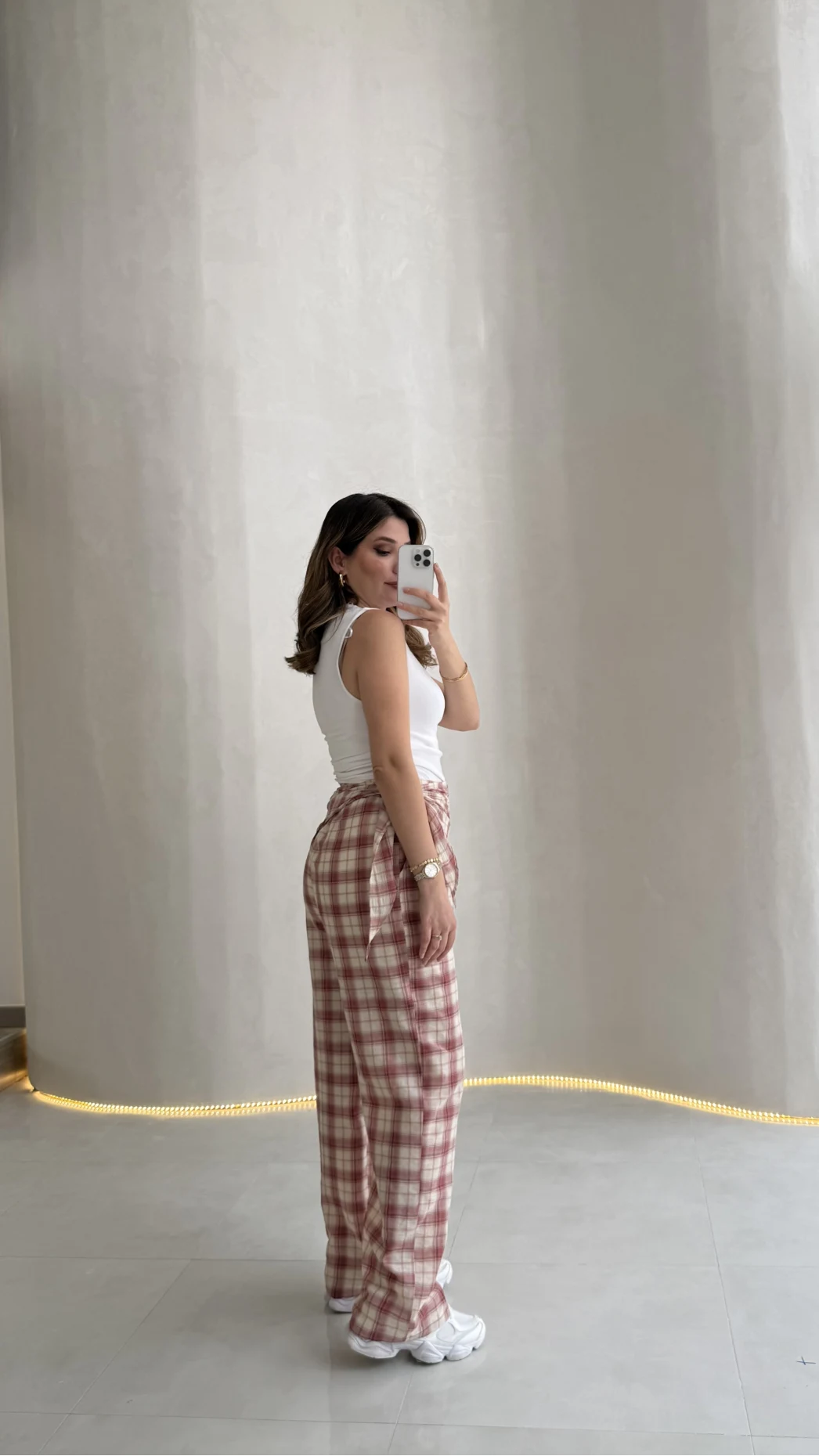 Cıelle Ekose Desenli Fular Bağlamalı Pantolon - Kiremit - Kod: 3921