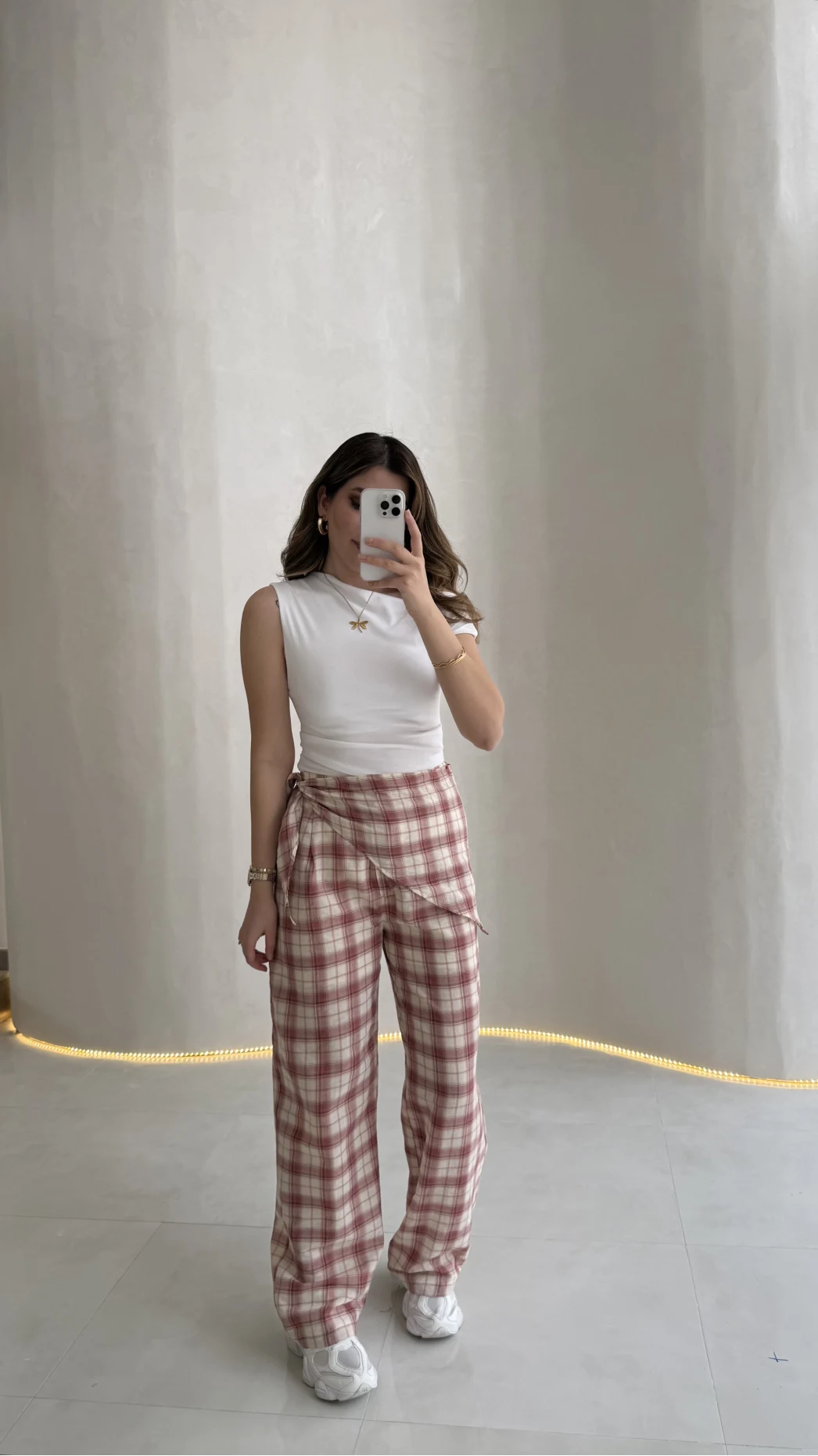 Cıelle Ekose Desenli Fular Bağlamalı Pantolon - Kiremit - Kod: 3921