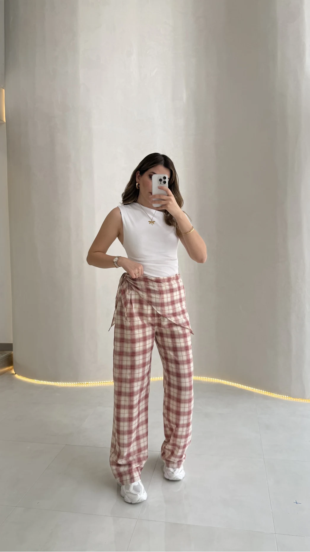 Cıelle Ekose Desenli Fular Bağlamalı Pantolon - Kiremit - Kod: 3921