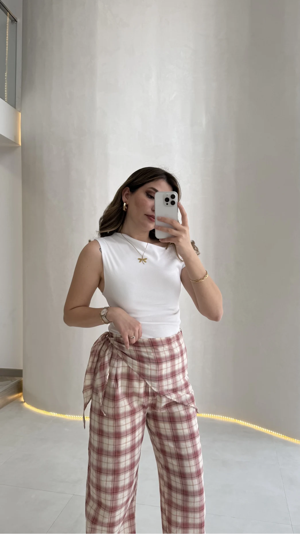 Cıelle Ekose Desenli Fular Bağlamalı Pantolon - Kiremit - Kod: 3921