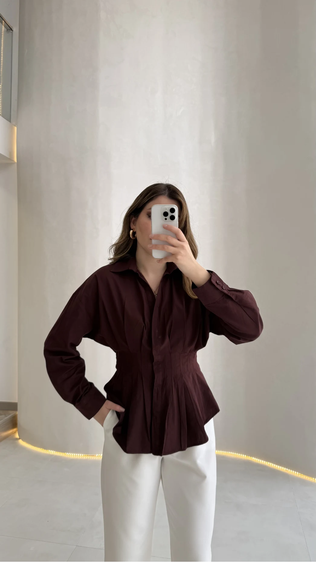 Adira V Yaka Beli Pileli Gömlek - Bordo - Kod: 126