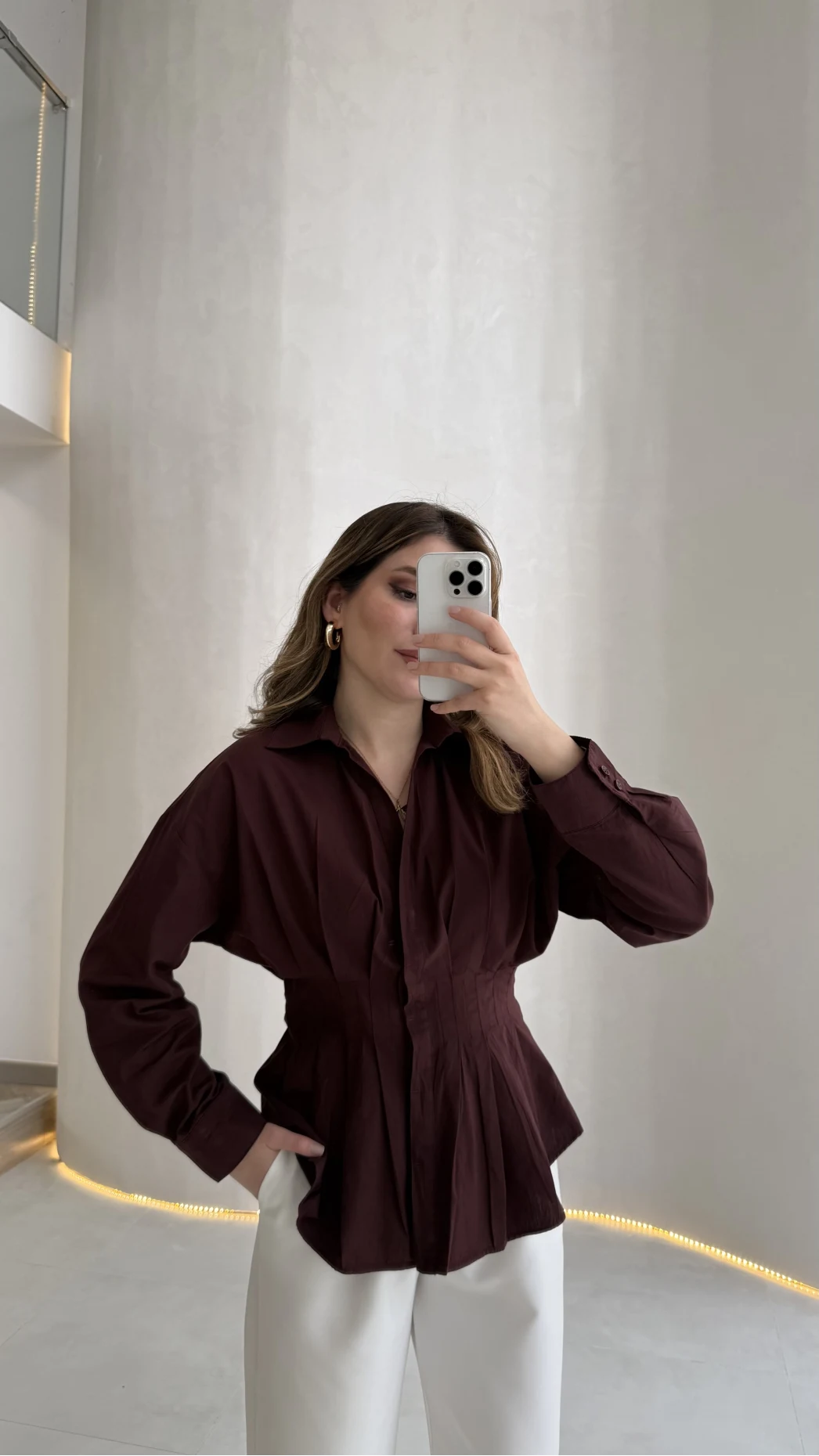 Adira V Yaka Beli Pileli Gömlek - Bordo - Kod: 126