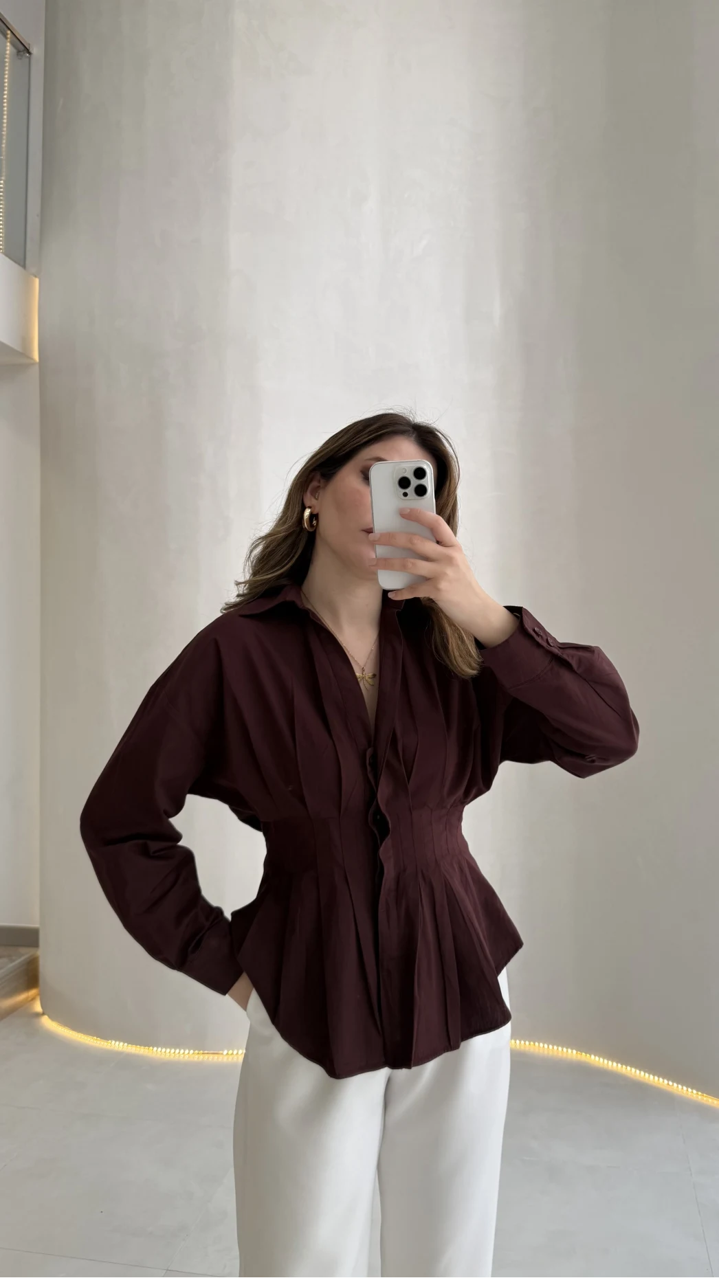 Adira V Yaka Beli Pileli Gömlek - Bordo - Kod: 126