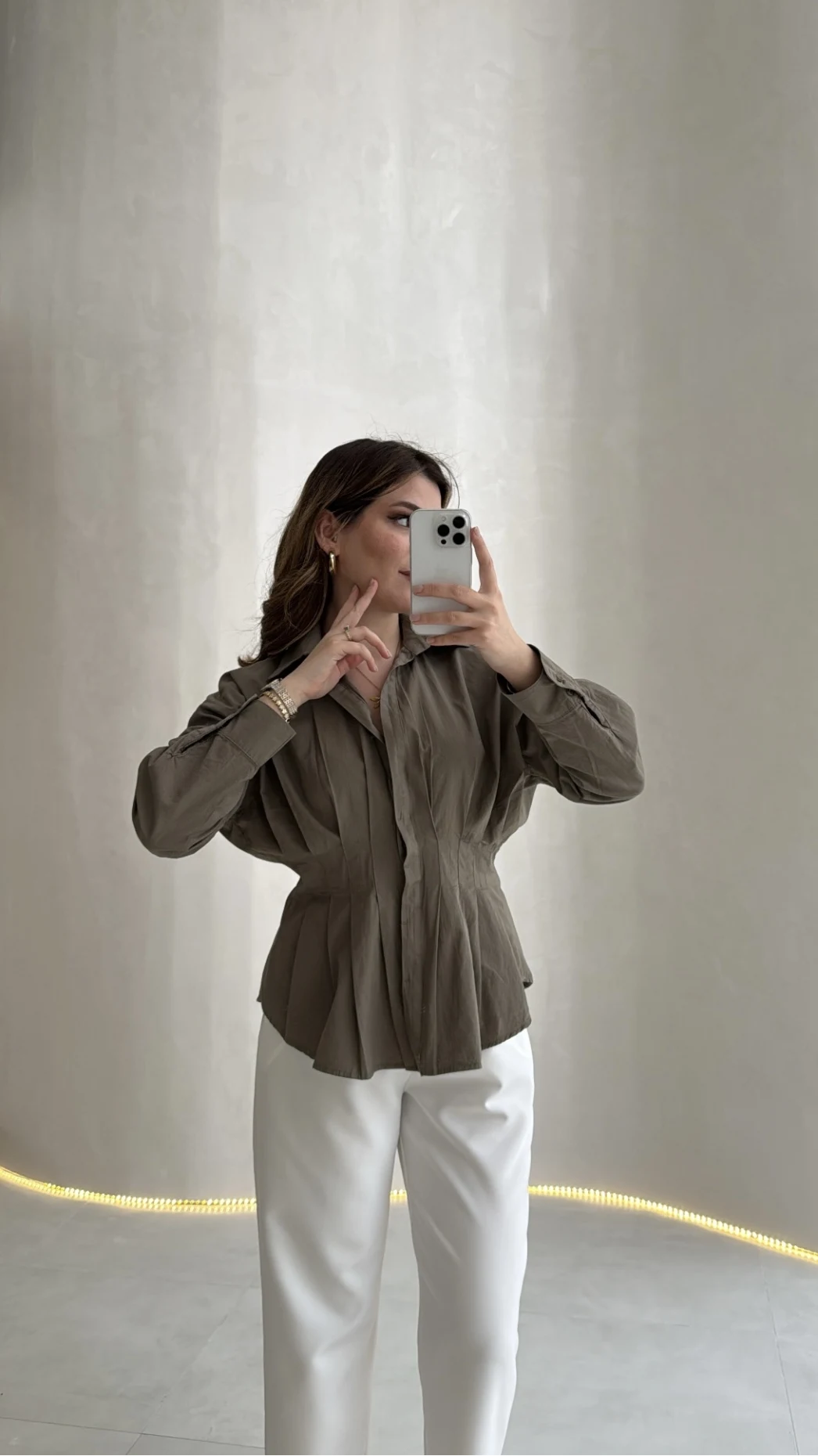 Adira V Yaka Beli Pileli Gömlek - Haki - Kod: 126