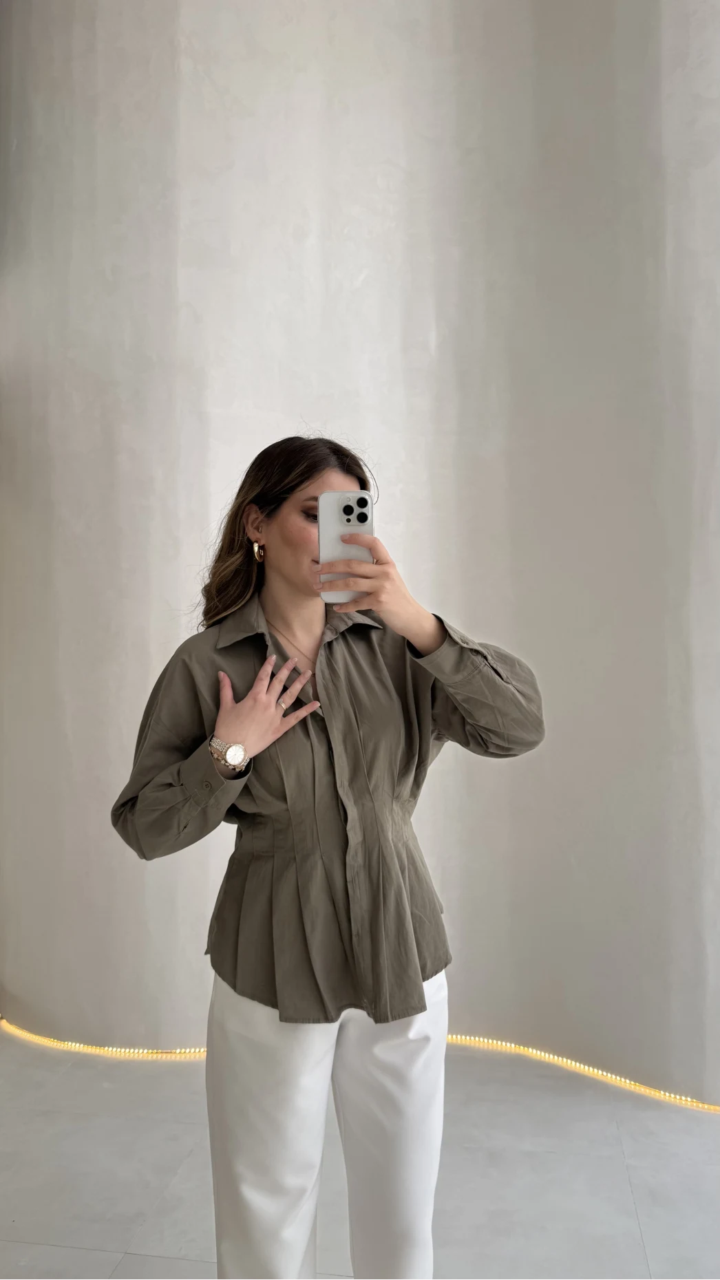 Adira V Yaka Beli Pileli Gömlek - Haki - Kod: 126