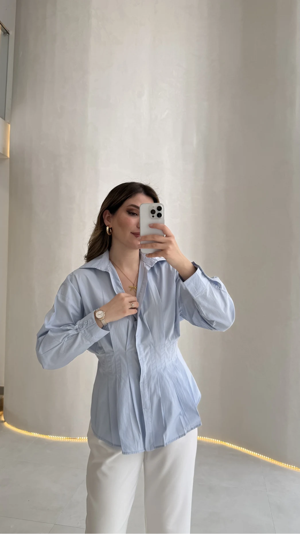 Adira V Yaka Beli Pileli Gömlek - Açık Mavi - Kod: 126