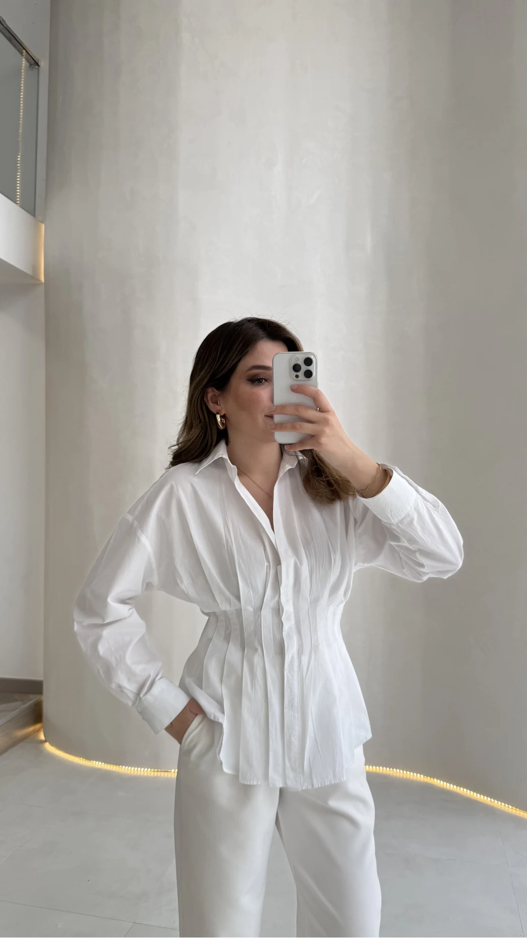 Adira V Yaka Beli Pileli Gömlek - Beyaz - Kod: 126