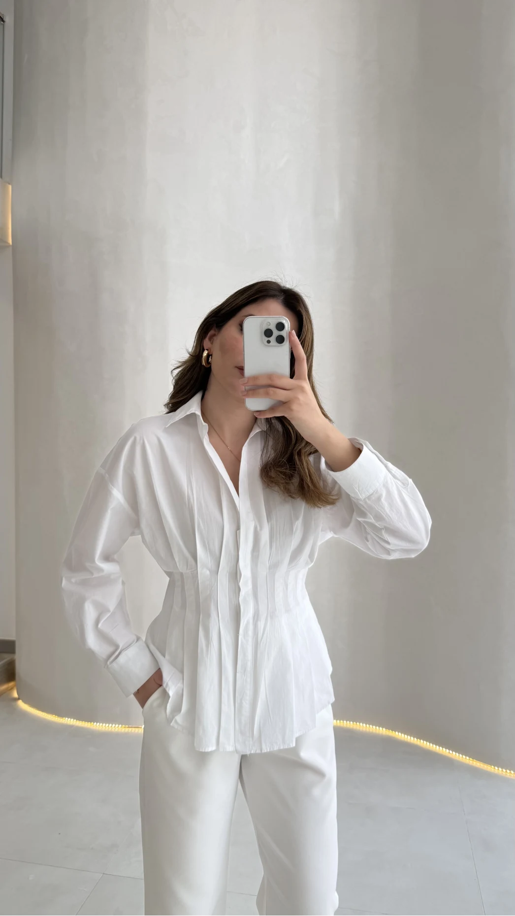 Adira V Yaka Beli Pileli Gömlek - Beyaz - Kod: 126