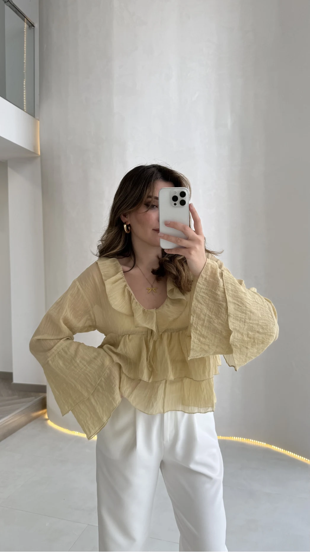 Liry Fırfırlı V Yaka Transparan Bluz - Yeşil - Kod: 1060