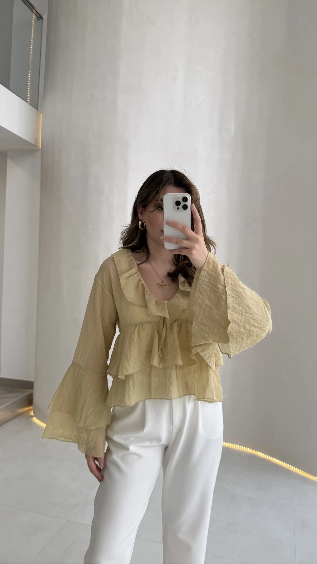 Liry Fırfırlı V Yaka Transparan Bluz - Yeşil - Kod: 1060