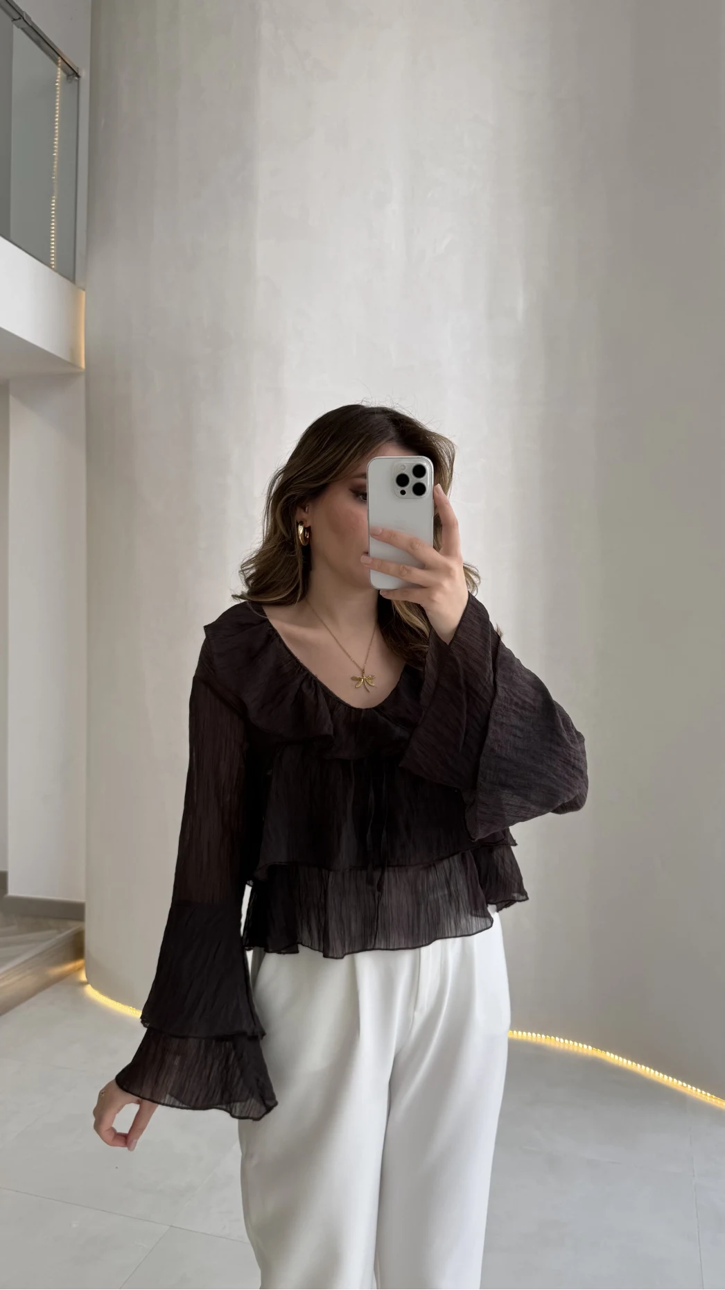 Liry Fırfırlı V Yaka Transparan Bluz - Kahverengi - Kod: 1060