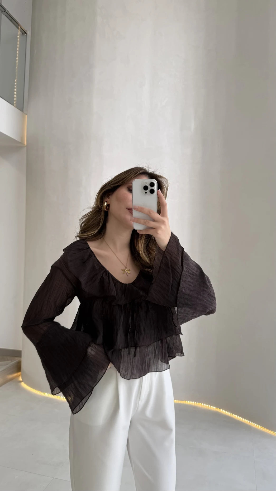 Liry Fırfırlı V Yaka Transparan Bluz - Kahverengi - Kod: 1060