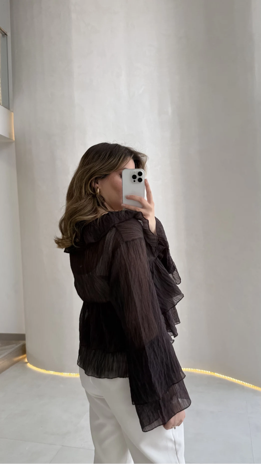 Liry Fırfırlı V Yaka Transparan Bluz - Kahverengi - Kod: 1060