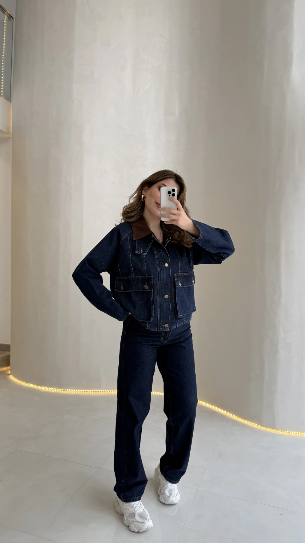 Kahverengi Yaka Kol Detaylı Ekose Astarlı Denim Takım - Lacivert - Kod: 250193