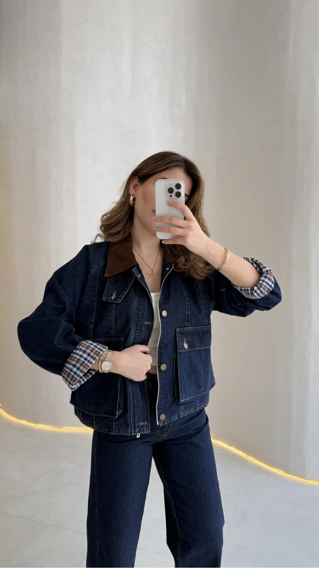 Kahverengi Yaka Kol Detaylı Ekose Astarlı Denim Takım - Lacivert - Kod: 250193