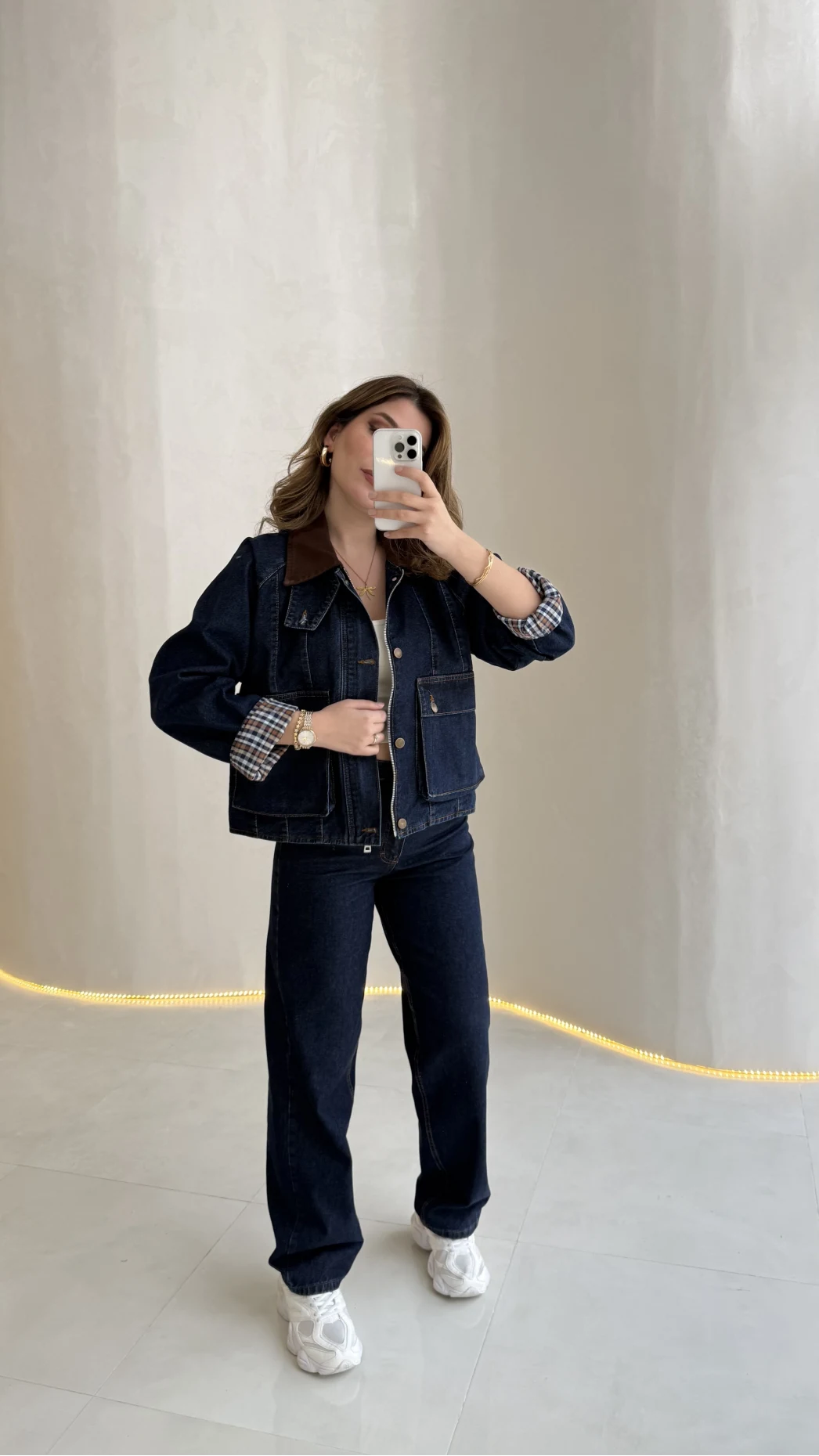 Kahverengi Yaka Kol Detaylı Ekose Astarlı Denim Takım - Lacivert - Kod: 250193