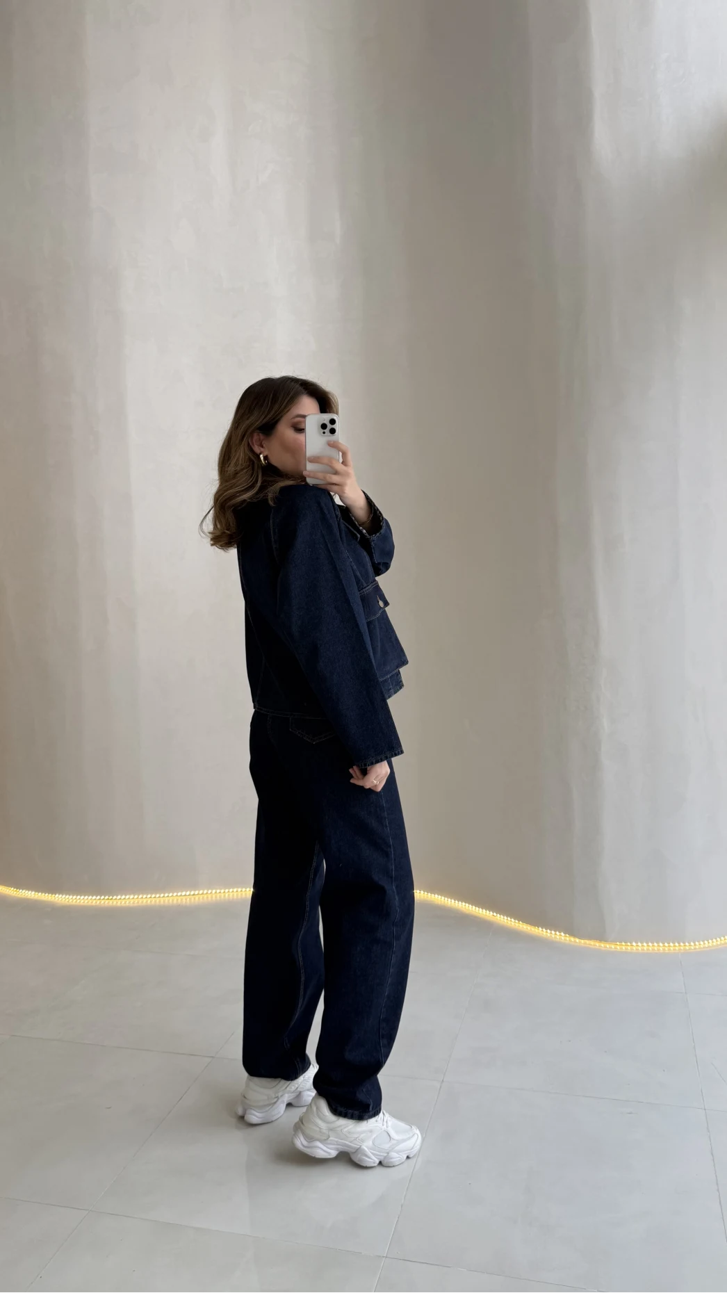 Kahverengi Yaka Kol Detaylı Ekose Astarlı Denim Takım - Lacivert - Kod: 250193