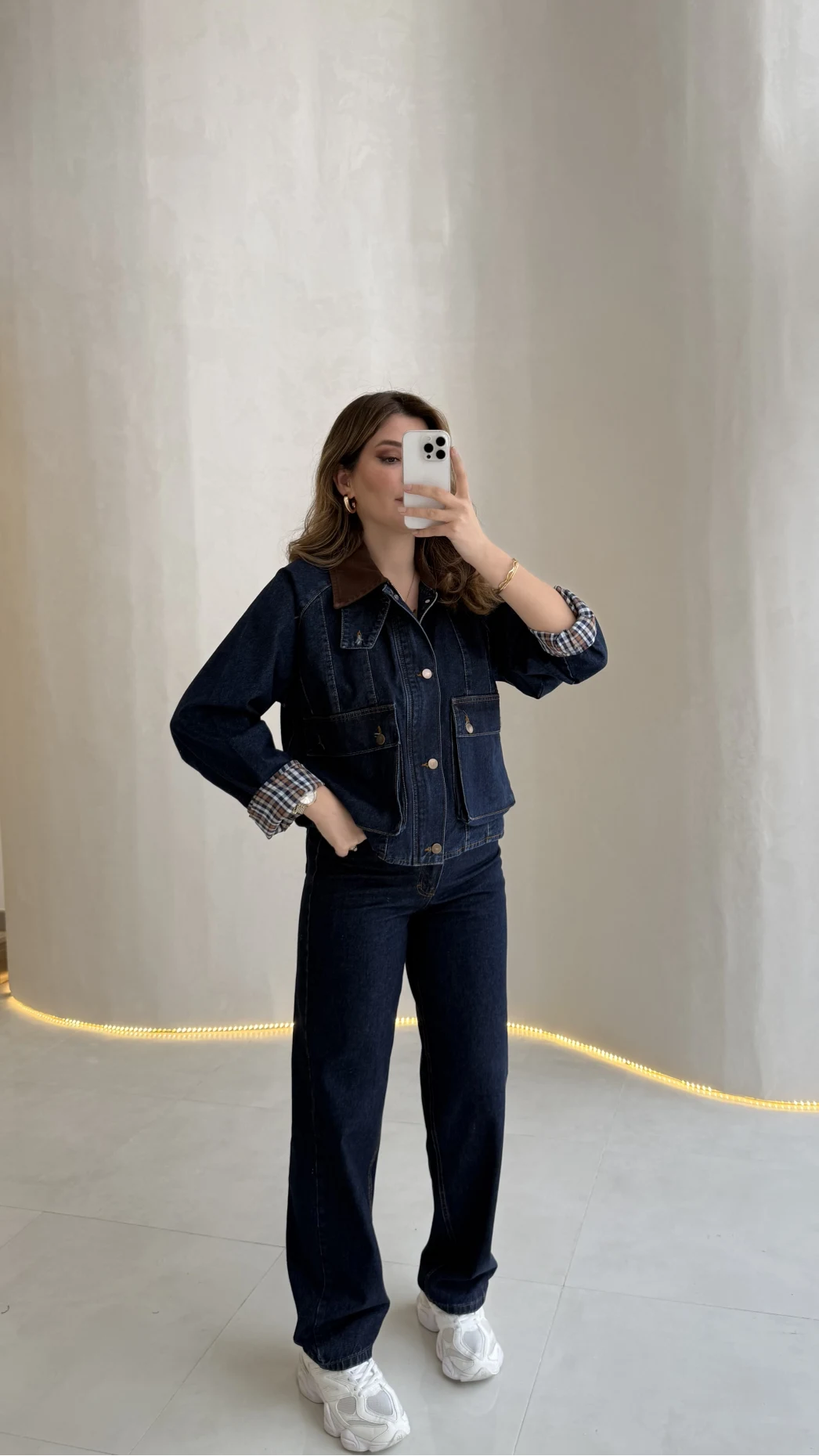 Kahverengi Yaka Kol Detaylı Ekose Astarlı Denim Takım - Lacivert - Kod: 250193